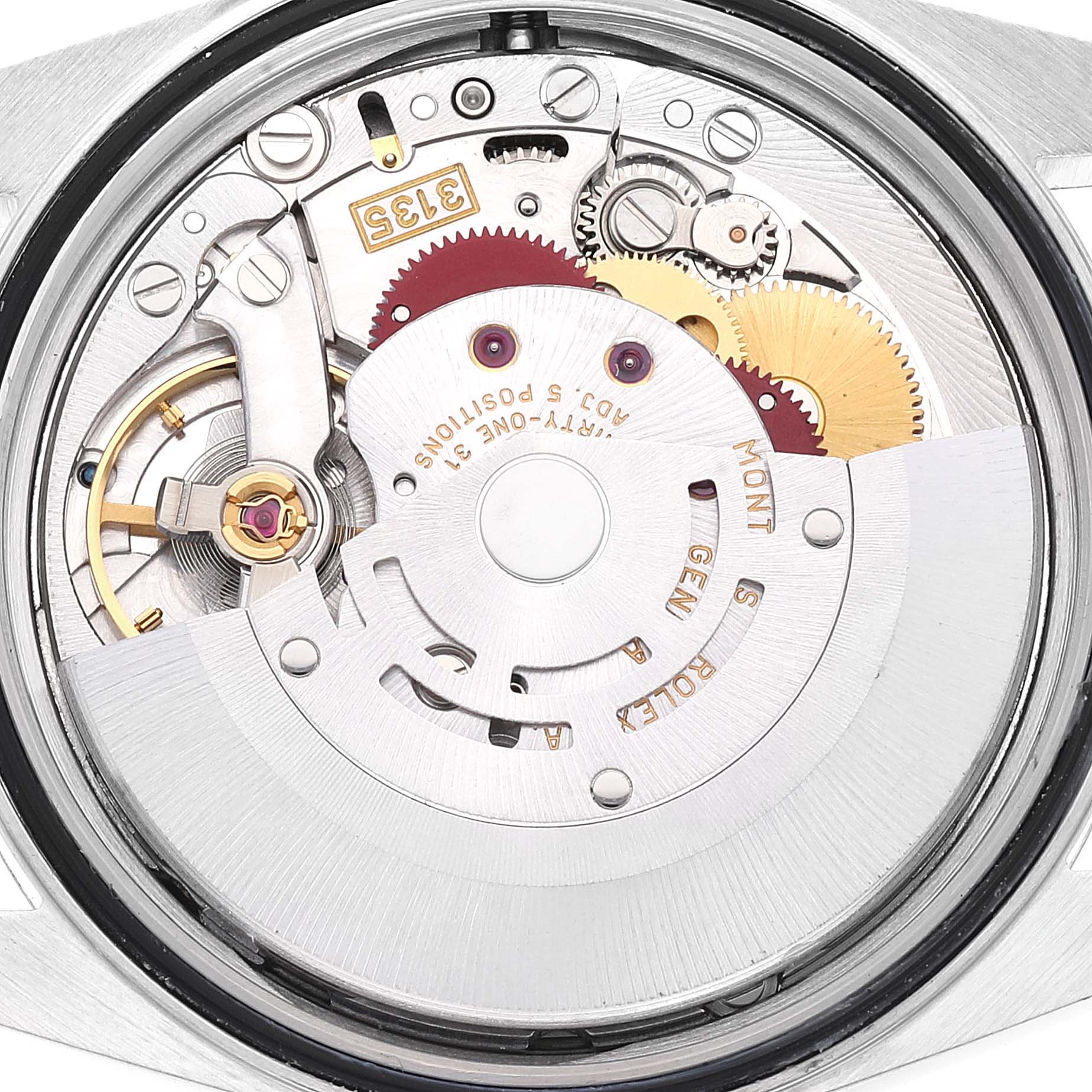 The image shows the intricate movement parts of a Rolex Datejust 16234 Men's Stainless Steel Silver Dial 16234 Men's Stainless Steel Silver Dial watch from a top-down angle.