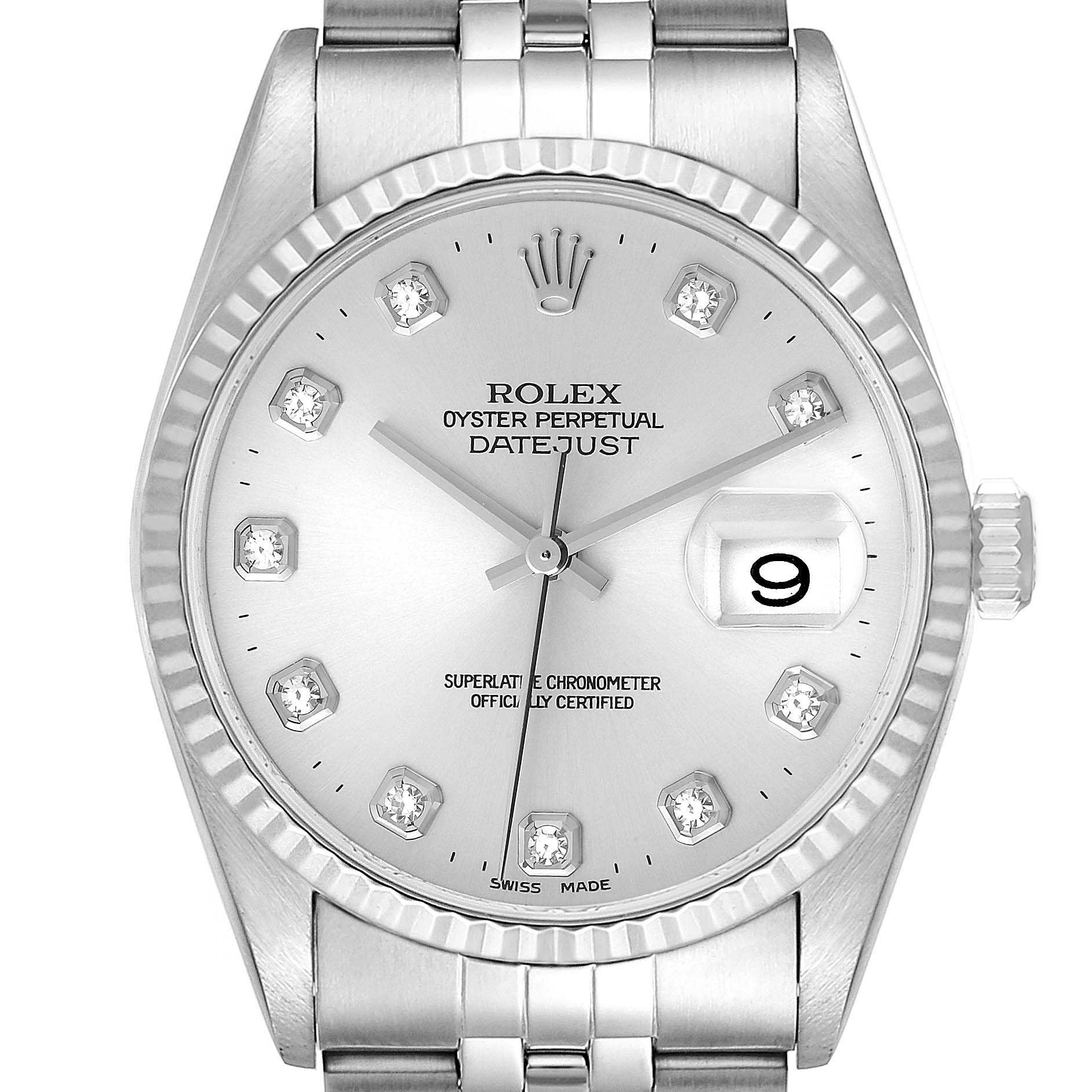 This image shows a close-up view of the dial and bezel of a Rolex Datejust 16234 Men's Stainless Steel Silver Dial 16234 Men's Stainless Steel Silver Dial watch.