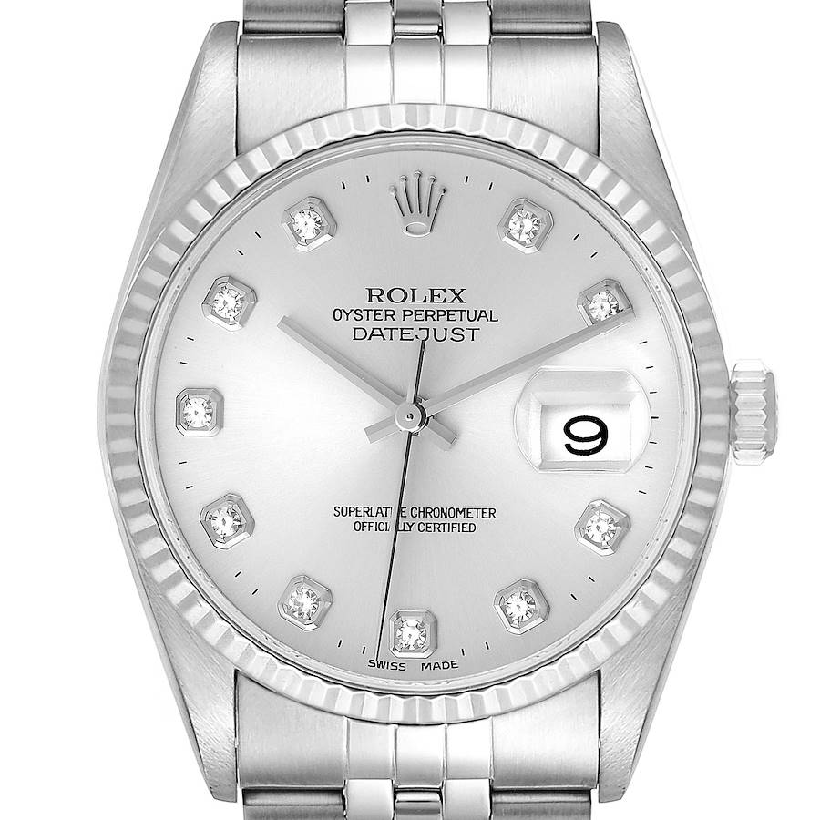 Rolex Datejust Steel White Gold Silver Diamond Dial Mens Watch 16234 SwissWatchExpo