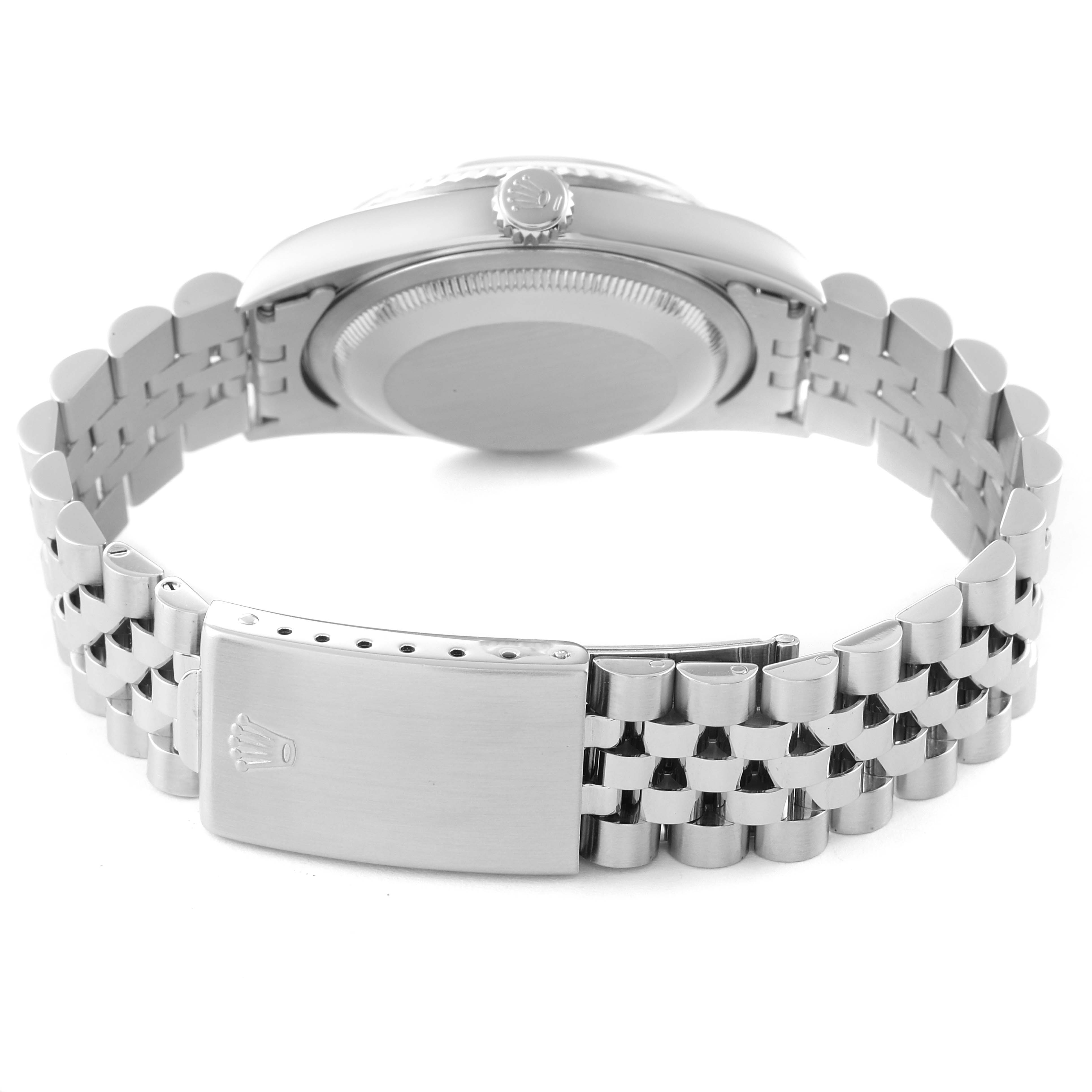 This image shows the back view of a Rolex Datejust 16234 Men's Stainless Steel Silver Dial 16234 Men's Stainless Steel Silver Dial watch, highlighting the clasp, bracelet, and case back.