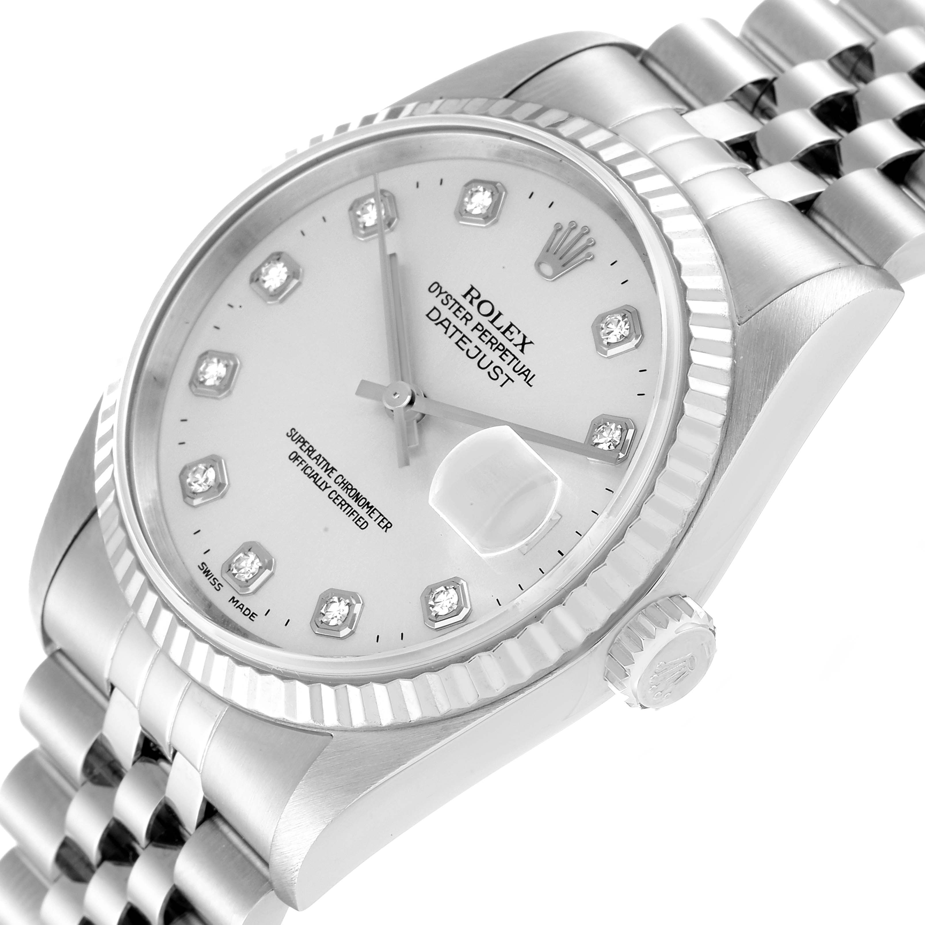 The image shows a Rolex Datejust 16234 Men's Stainless Steel Silver Dial 16234 Men's Stainless Steel Silver Dial watch from an oblique angle, highlighting the dial, bezel, crown, and part of the bracelet.