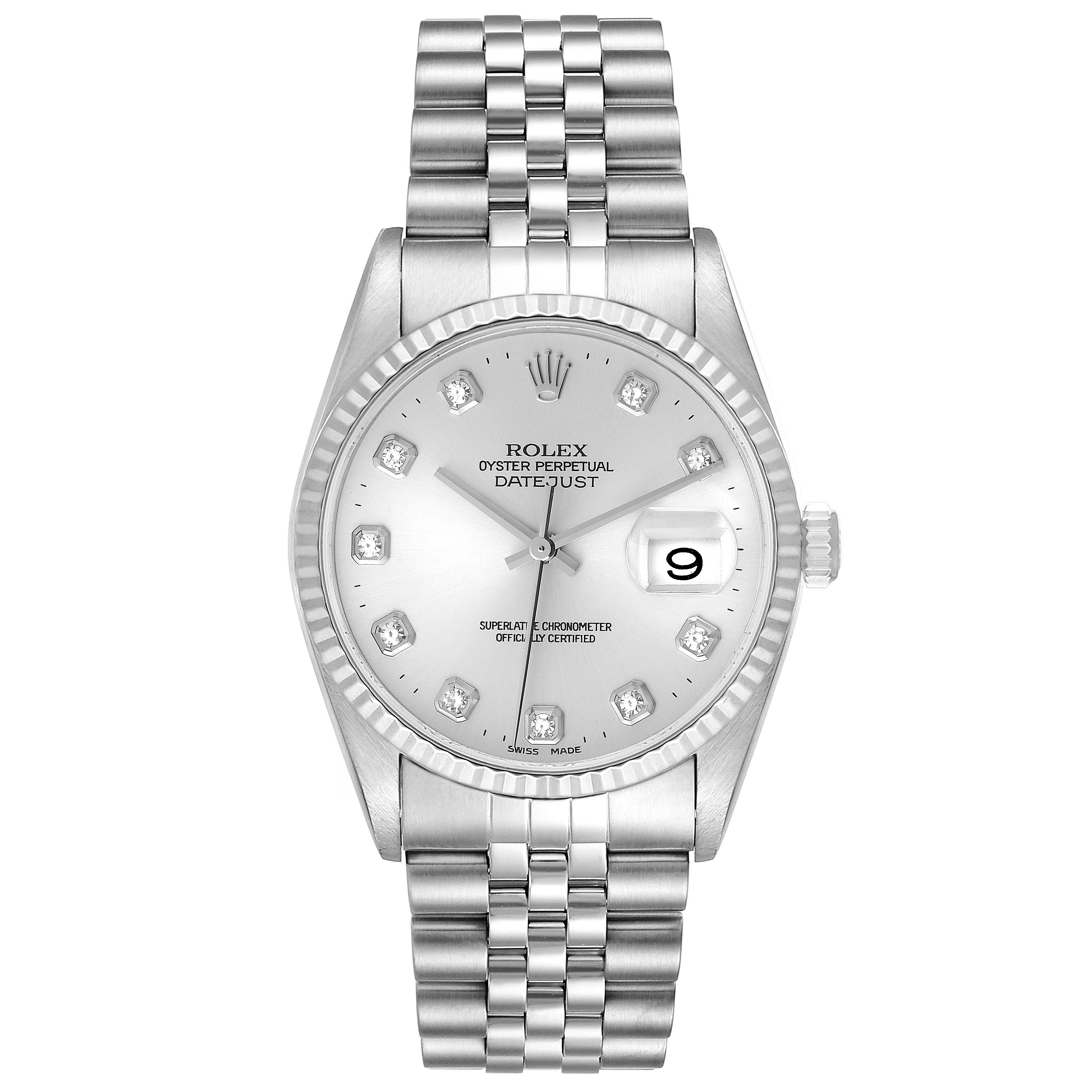 This image shows the front view of the Rolex Datejust 16234 Men's Stainless Steel Silver Dial 16234 Men's Stainless Steel Silver Dial watch, featuring the dial, hands, bezel, and bracelet.