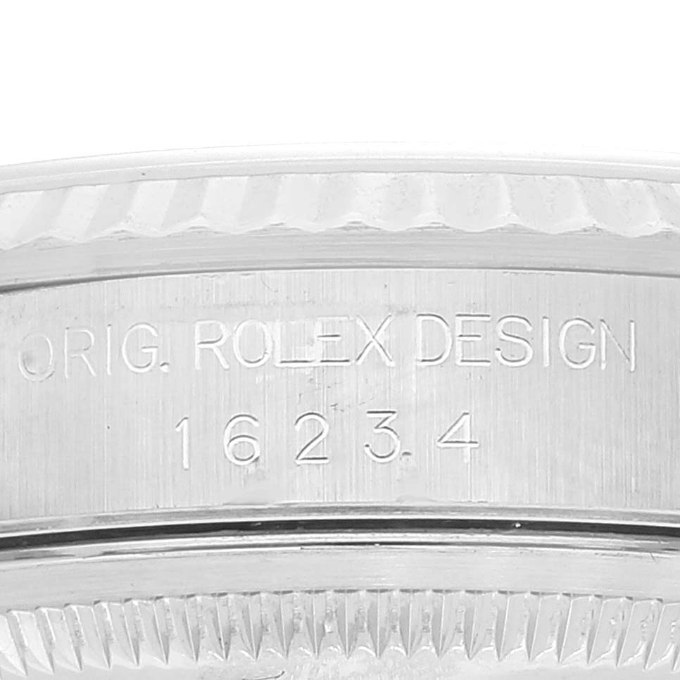 This image shows a close-up of the side view of the Rolex Datejust 16234 Men's Stainless Steel Silver Dial 16234 Men's Stainless Steel Silver Dial, highlighting the engraved model number "16234".