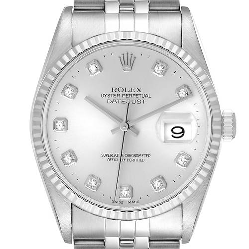 The image shows a frontal view of the Rolex Datejust watch, highlighting the dial, bezel, and bracelet.