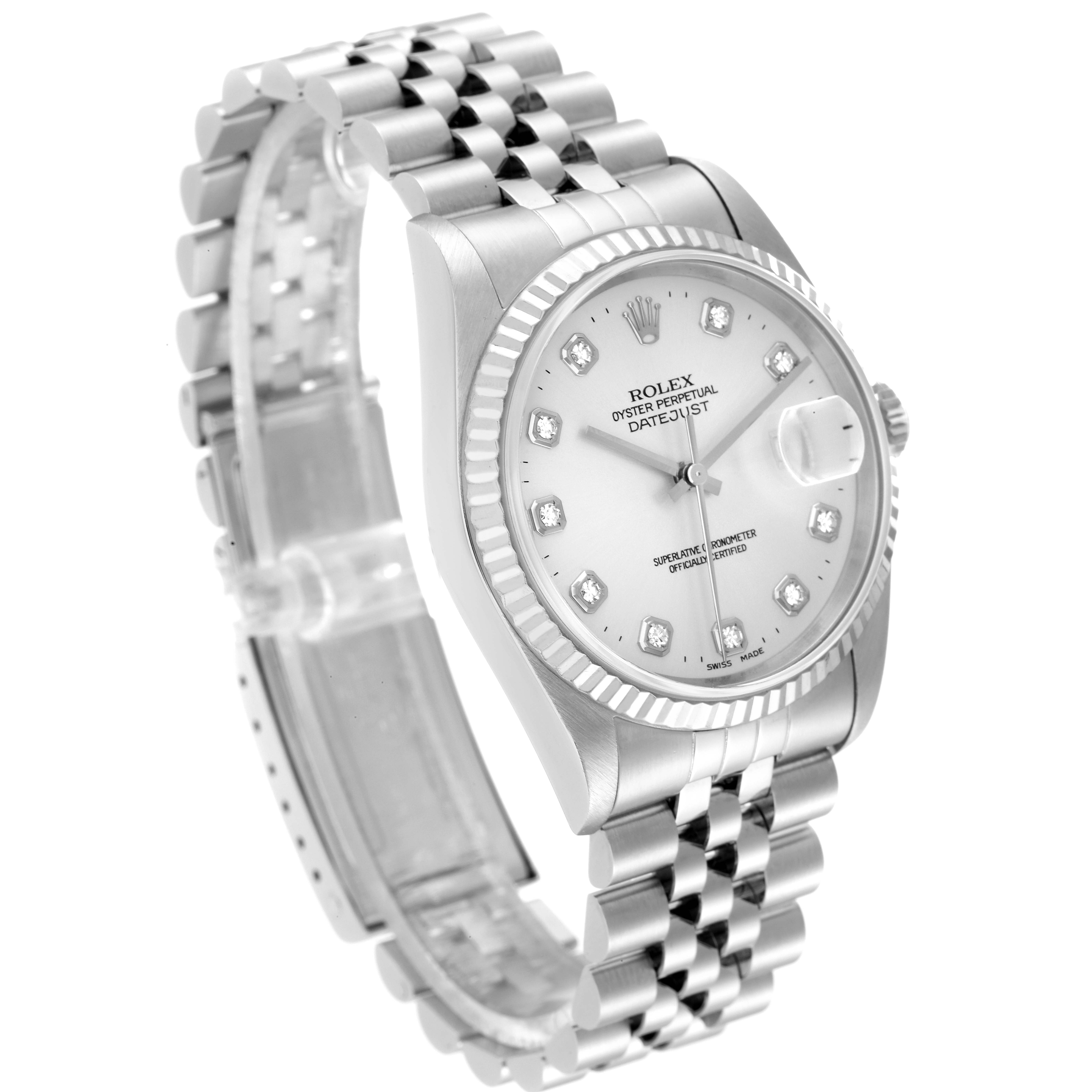 The Rolex Datejust 16234 Men's Stainless Steel Silver Dial 16234 Men's Stainless Steel Silver Dial watch is shown at a three-quarter angle, highlighting the face, bezel, and bracelet.