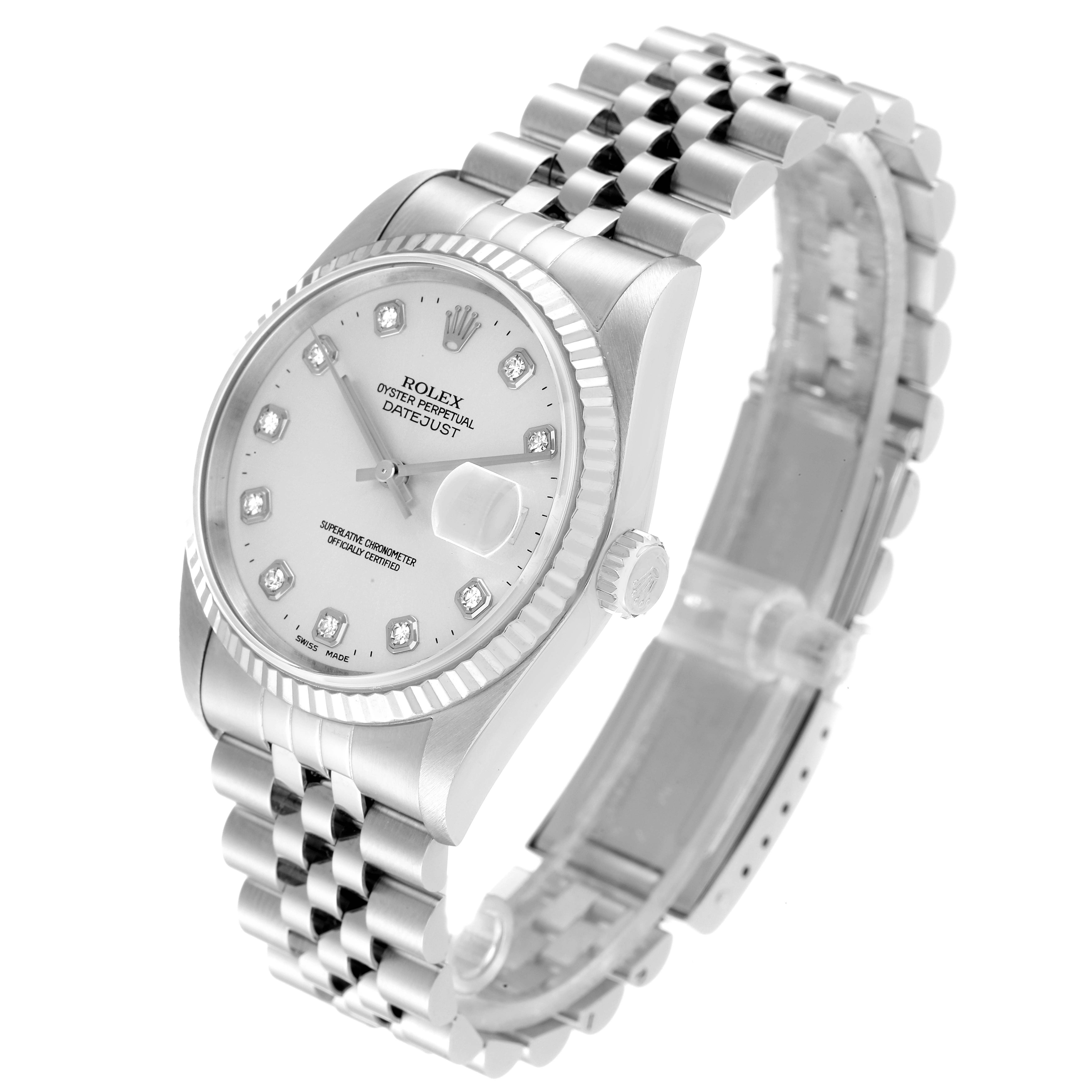 The Rolex Datejust 16234 Men's Stainless Steel Silver Dial 16234 Men's Stainless Steel Silver Dial watch is shown at a three-quarter angle, displaying the face, bezel, crown, and bracelet clearly.