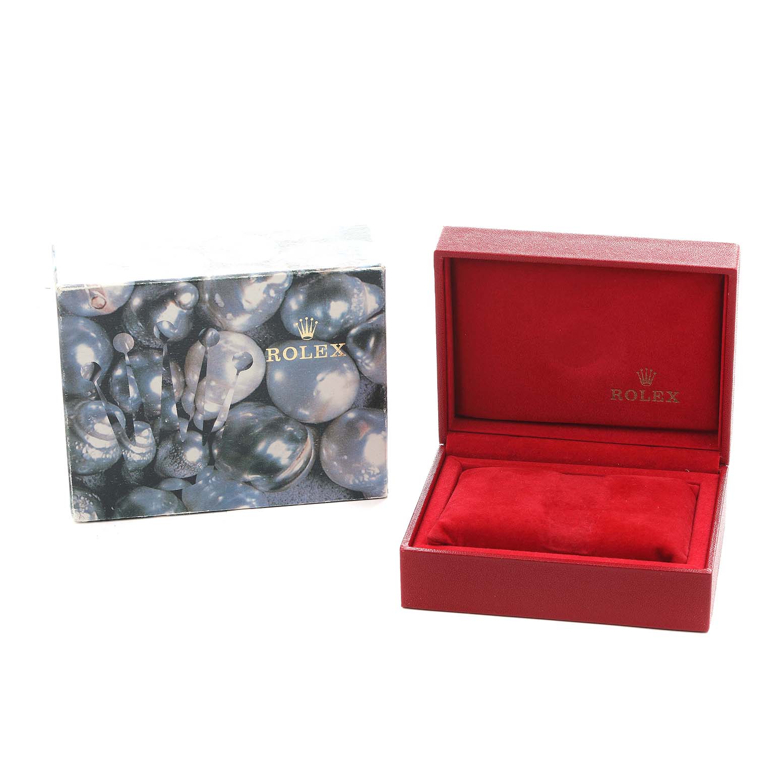 The image shows a Rolex Datejust 69173 Women's Steel and Gold (two tone) Champagne Dial packaging with an empty red watch case and accompanying brochure at an angle.