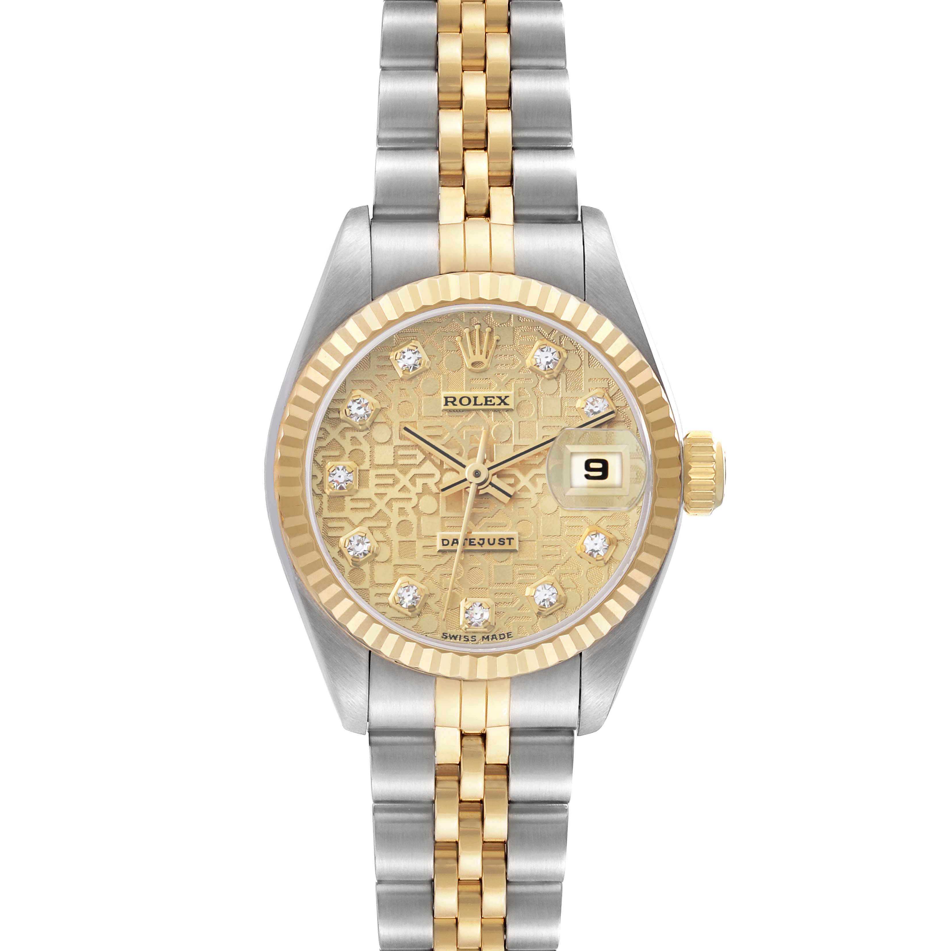 The Rolex Datejust 69173 Women's Steel and Gold (two tone) Champagne Dial watch is shown from the front, displaying the face, bezel, bracelet, and crown.