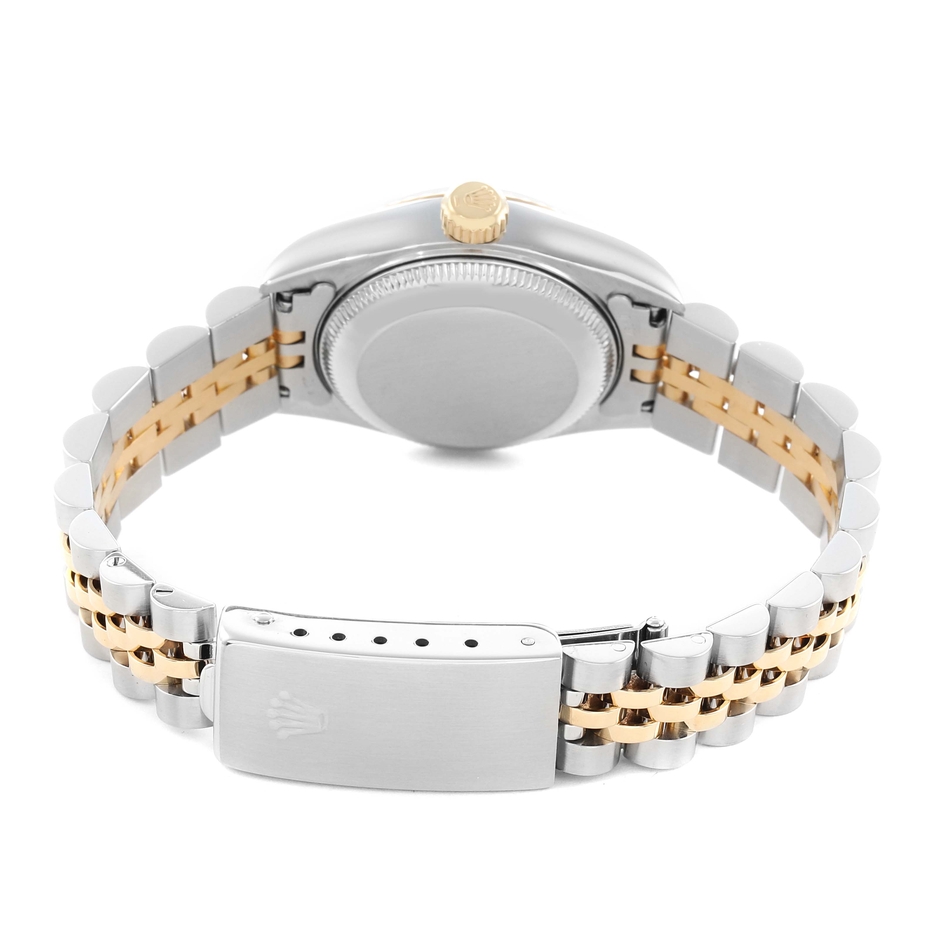 The image shows the back of a Rolex Datejust 69173 Women's Steel and Gold (two tone) Champagne Dial watch, featuring the case back, crown, and two-tone bracelet.