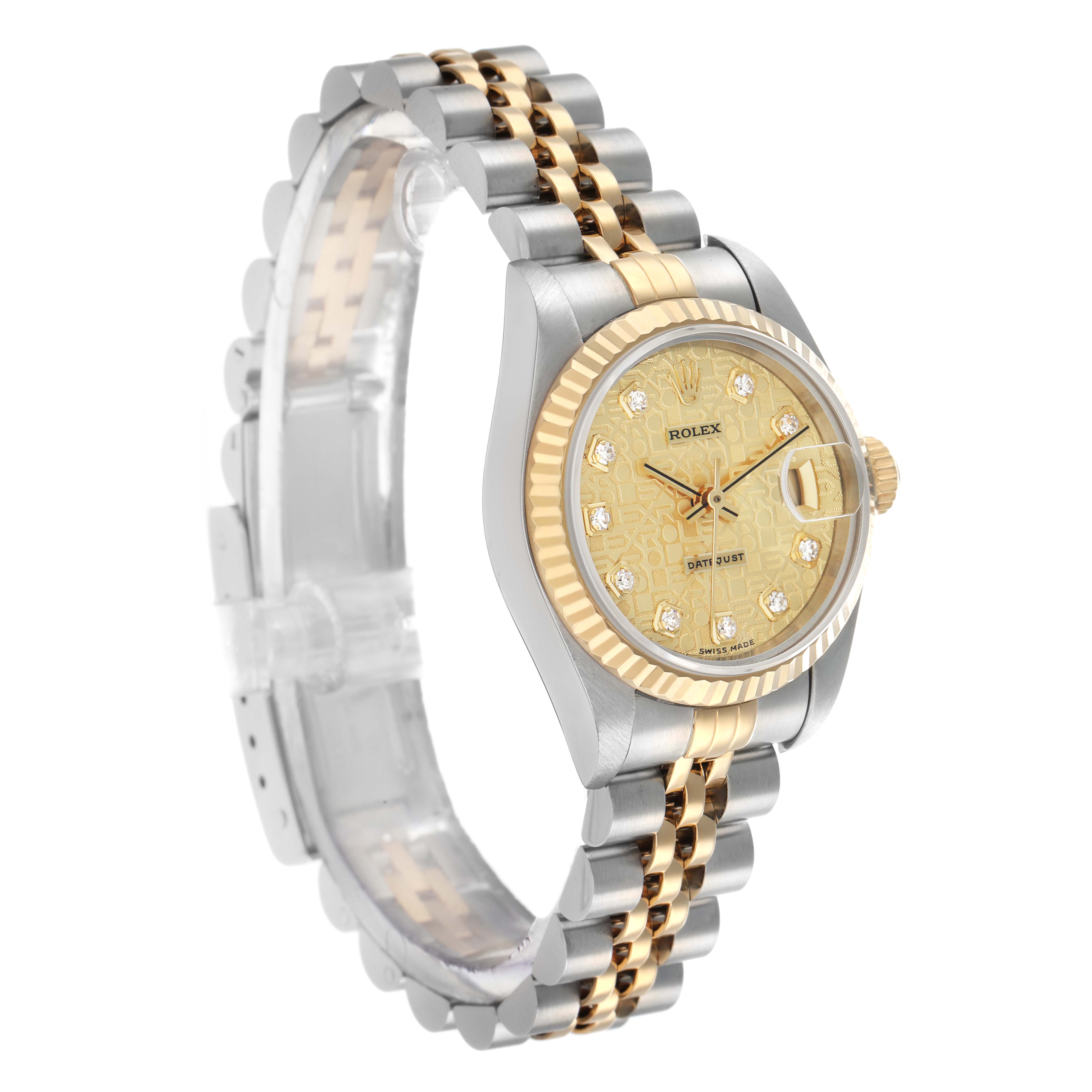 The Rolex Datejust 69173 Women's Steel and Gold (two tone) Champagne Dial watch is shown at a front-side angle, highlighting the dial, bezel, and Jubilee bracelet.