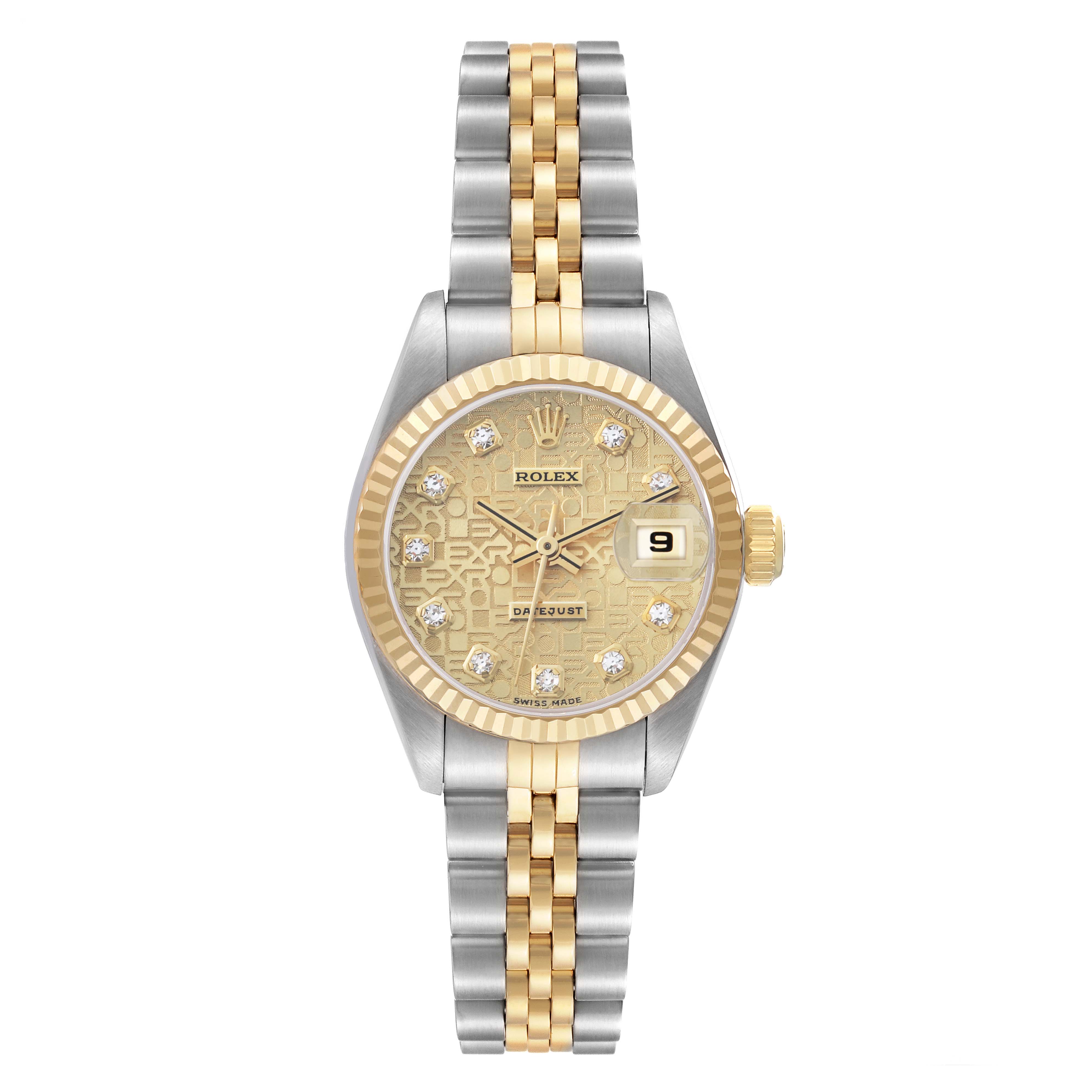 The Rolex Datejust 69173 Women's Steel and Gold (two tone) Champagne Dial watch is shown from a front angle, highlighting its dial, bezel, and two-tone bracelet.