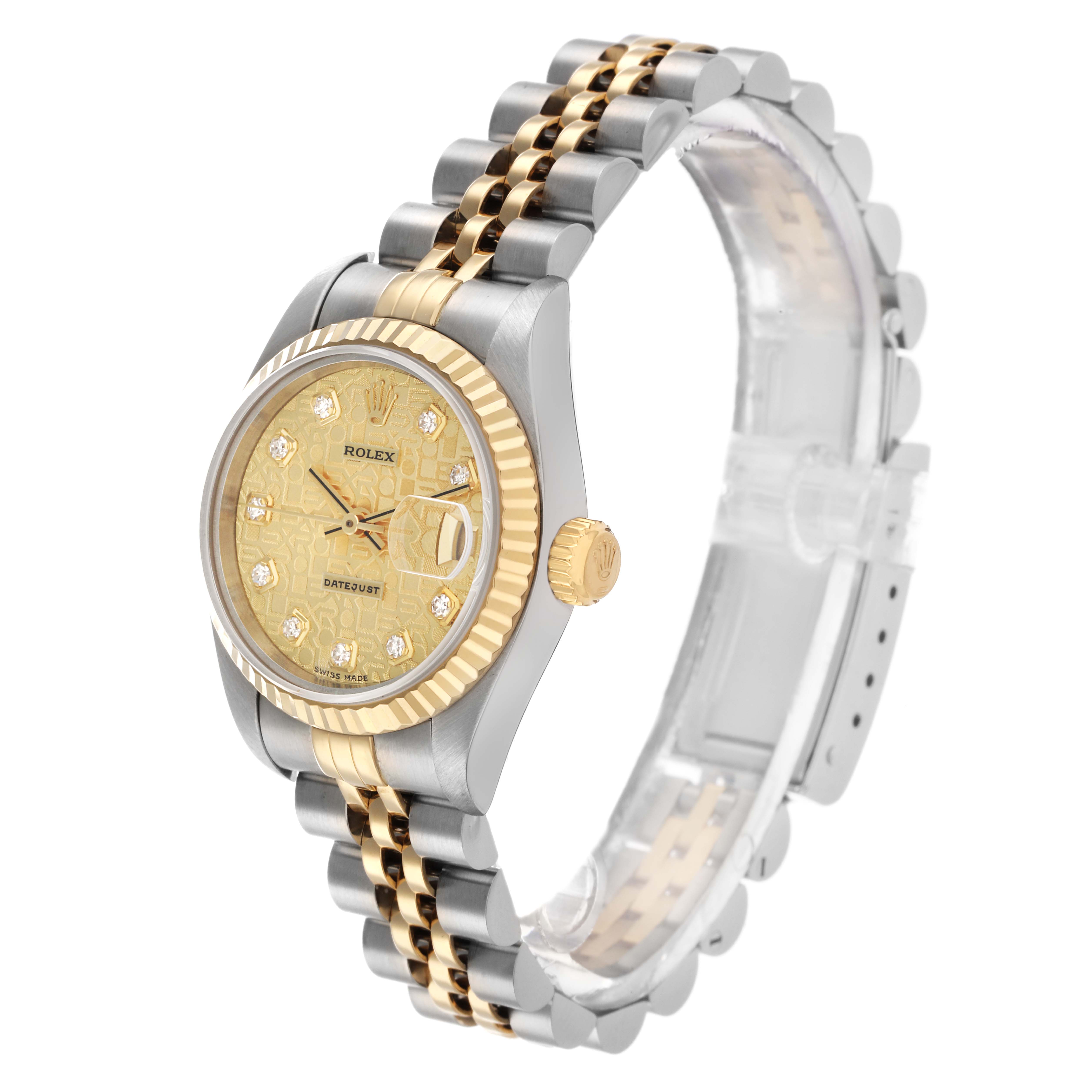 The Rolex Datejust 69173 Women's Steel and Gold (two tone) Champagne Dial watch is shown at a slight side angle, displaying the face, bezel, crown, and bracelet.