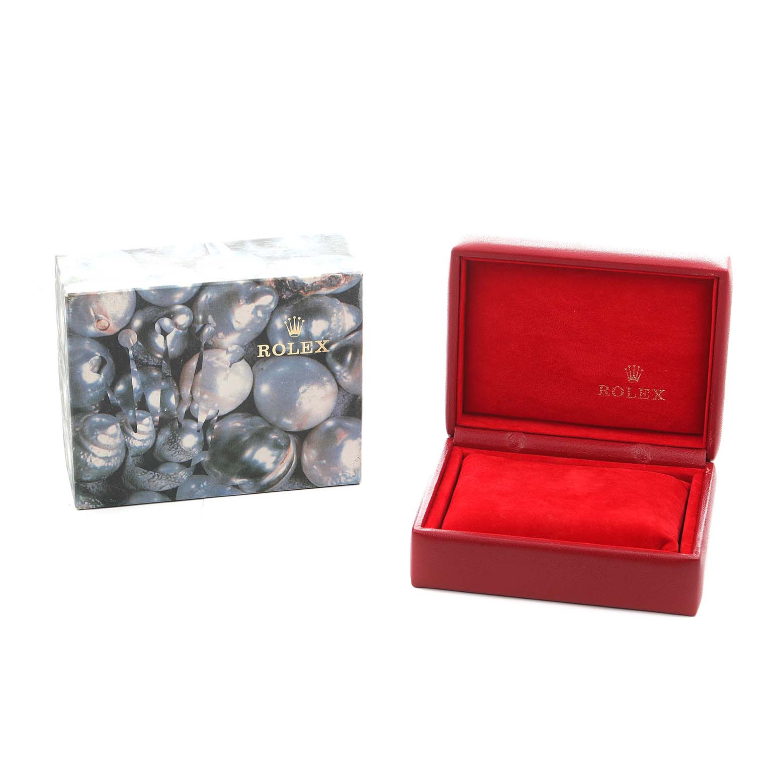 The image shows the packaging for a Rolex Datejust 69173 Women's Steel and Gold (two tone) Champagne Dial watch, featuring a decorative outer box and an open red case.