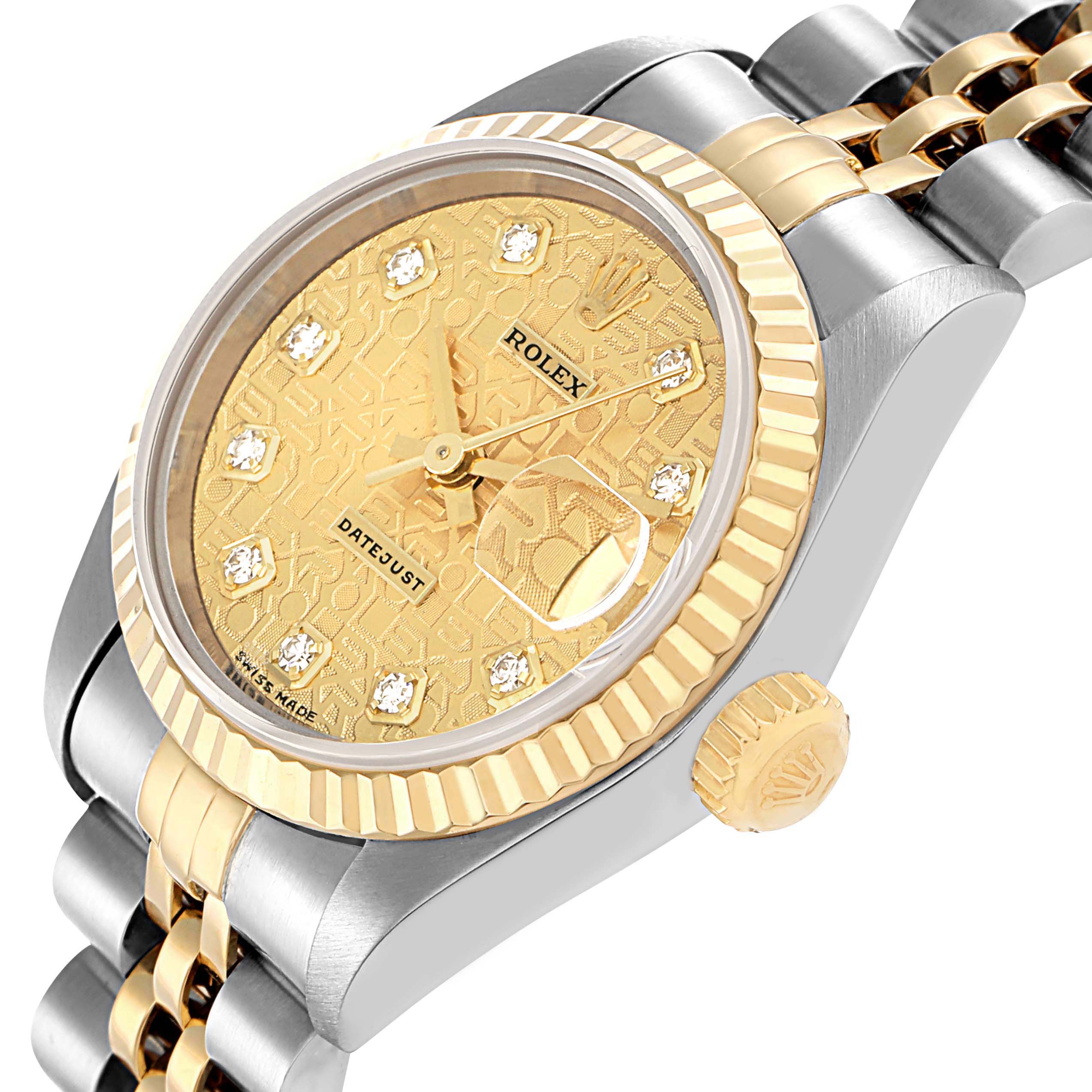 The image shows a Rolex Datejust 69173 Women's Steel and Gold (two tone) Champagne Dial watch from a slight side angle, highlighting the dial, fluted bezel, crown, and two-tone bracelet.