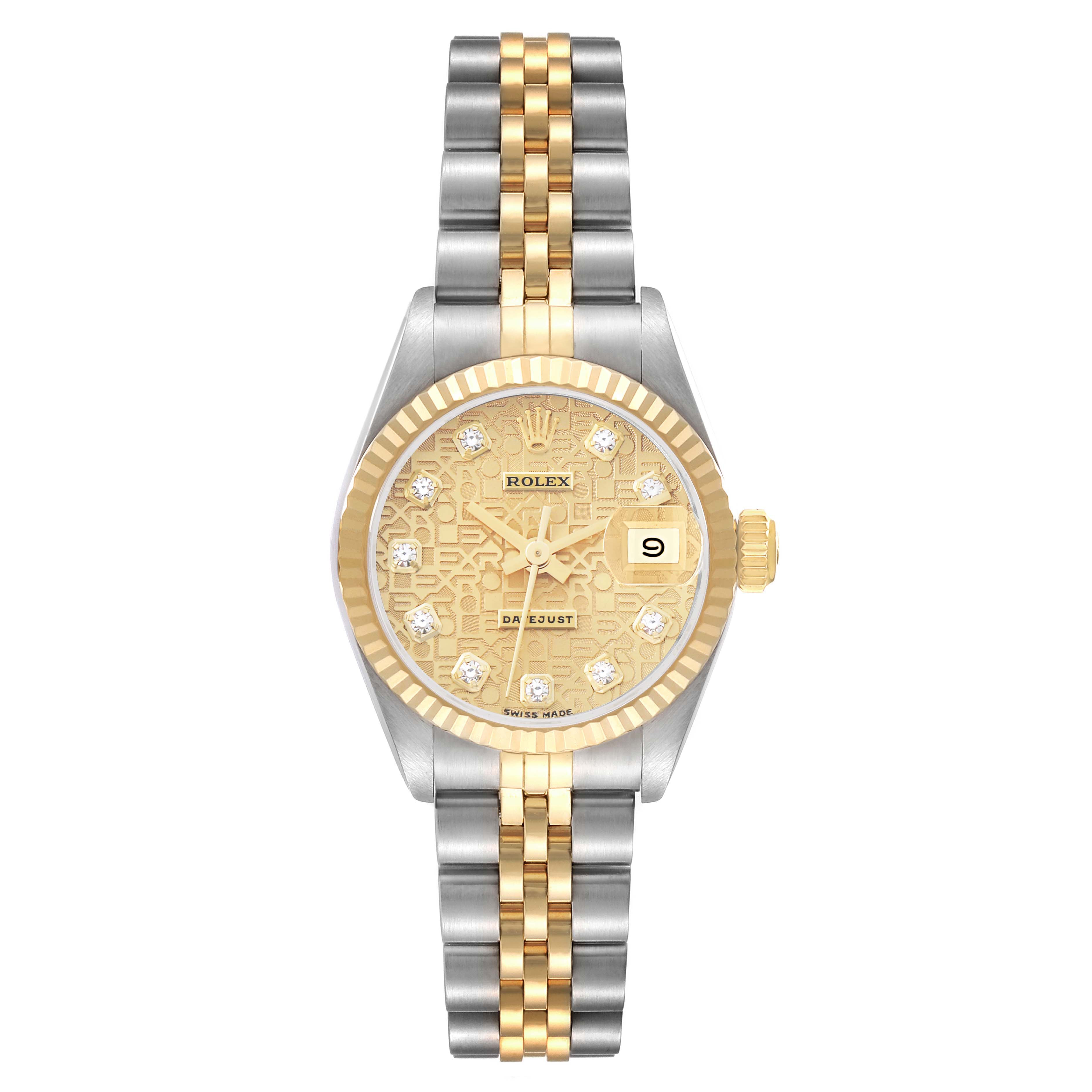 The Rolex Datejust 69173 Women's Steel and Gold (two tone) Champagne Dial watch is shown from a top-down angle, displaying the dial, bezel, crown, and bracelet clearly.