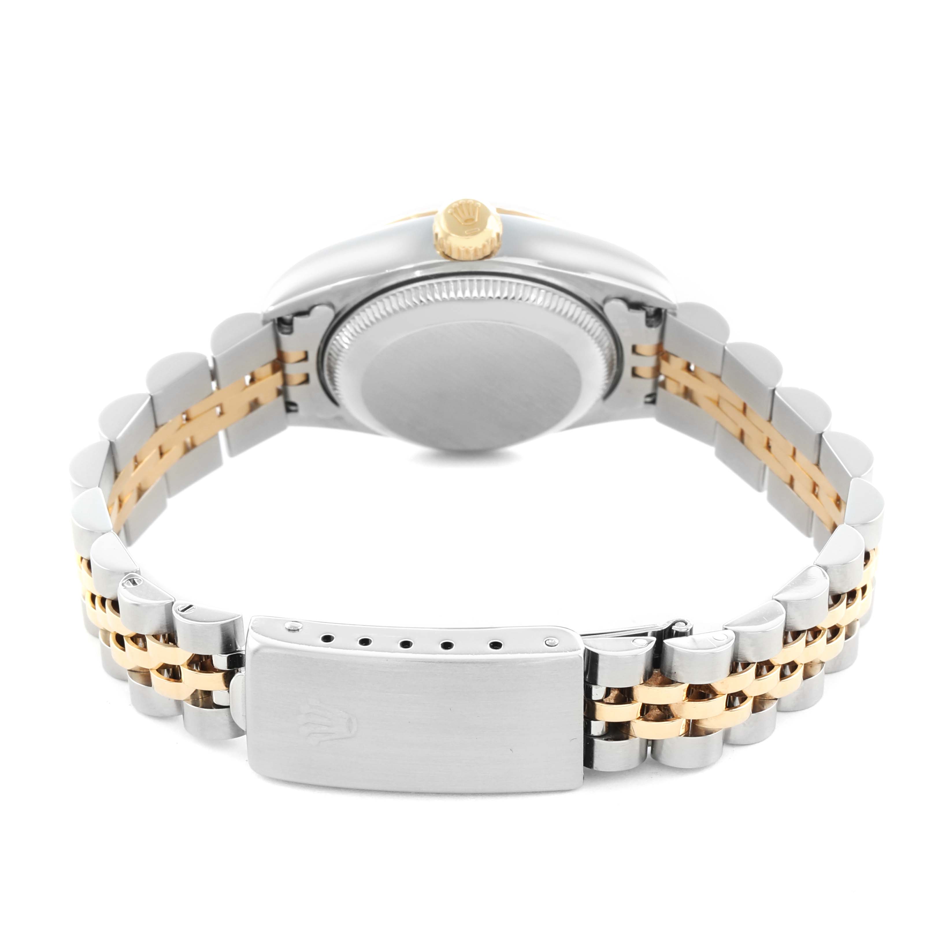 The image shows the back view of a Rolex Datejust 69173 Women's Steel and Gold (two tone) Champagne Dial watch, highlighting the clasp and bracelet links.