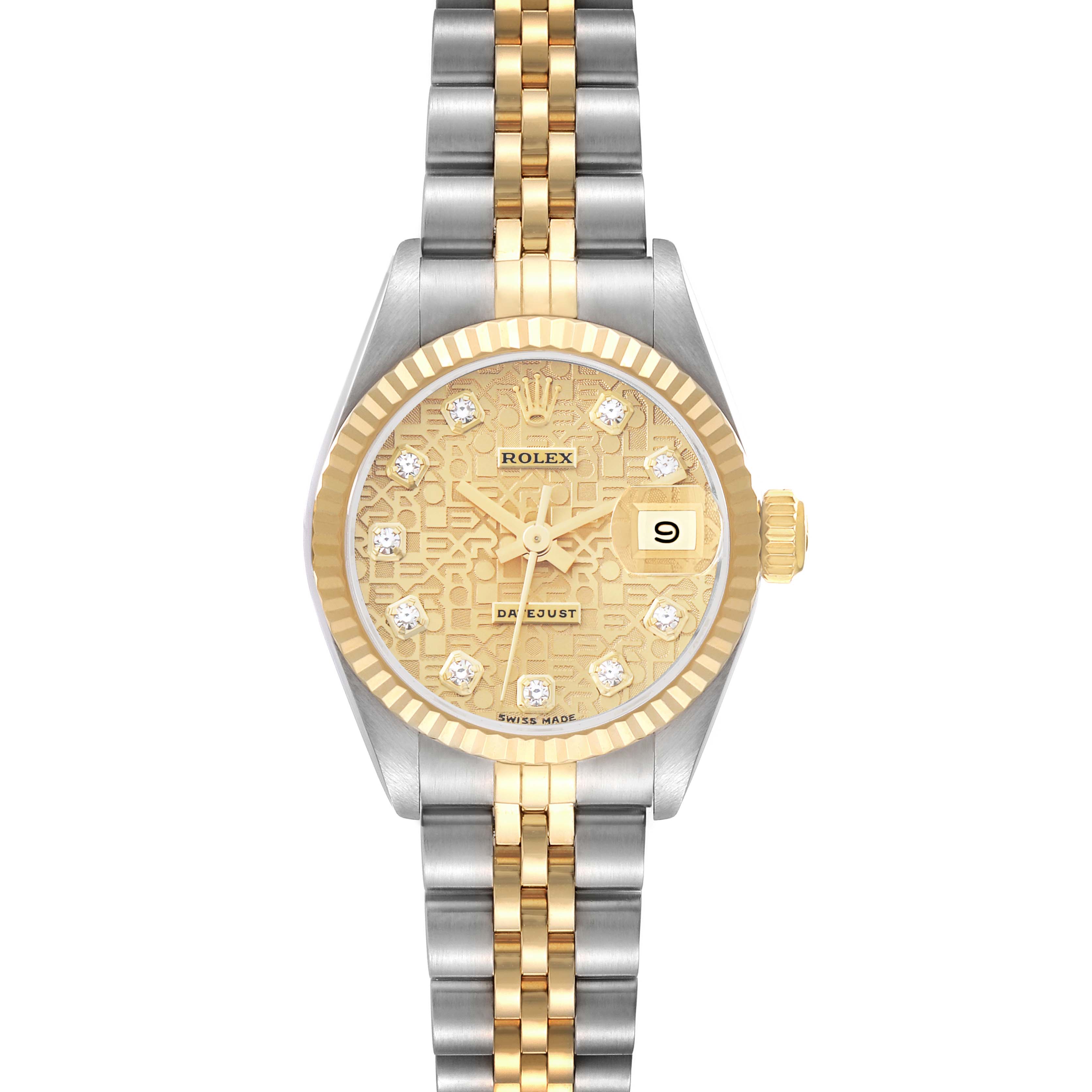 The Rolex Datejust 69173 Women's Steel and Gold (two tone) Champagne Dial is shown in a front view, highlighting the dial, bezel, and two-tone bracelet.