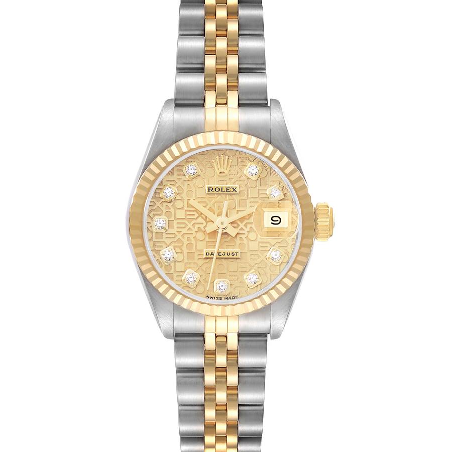 The Rolex Datejust 69173 Women's Steel and Gold (two tone) Champagne Dial is shown in a front view, highlighting the dial, bezel, and two-tone bracelet.