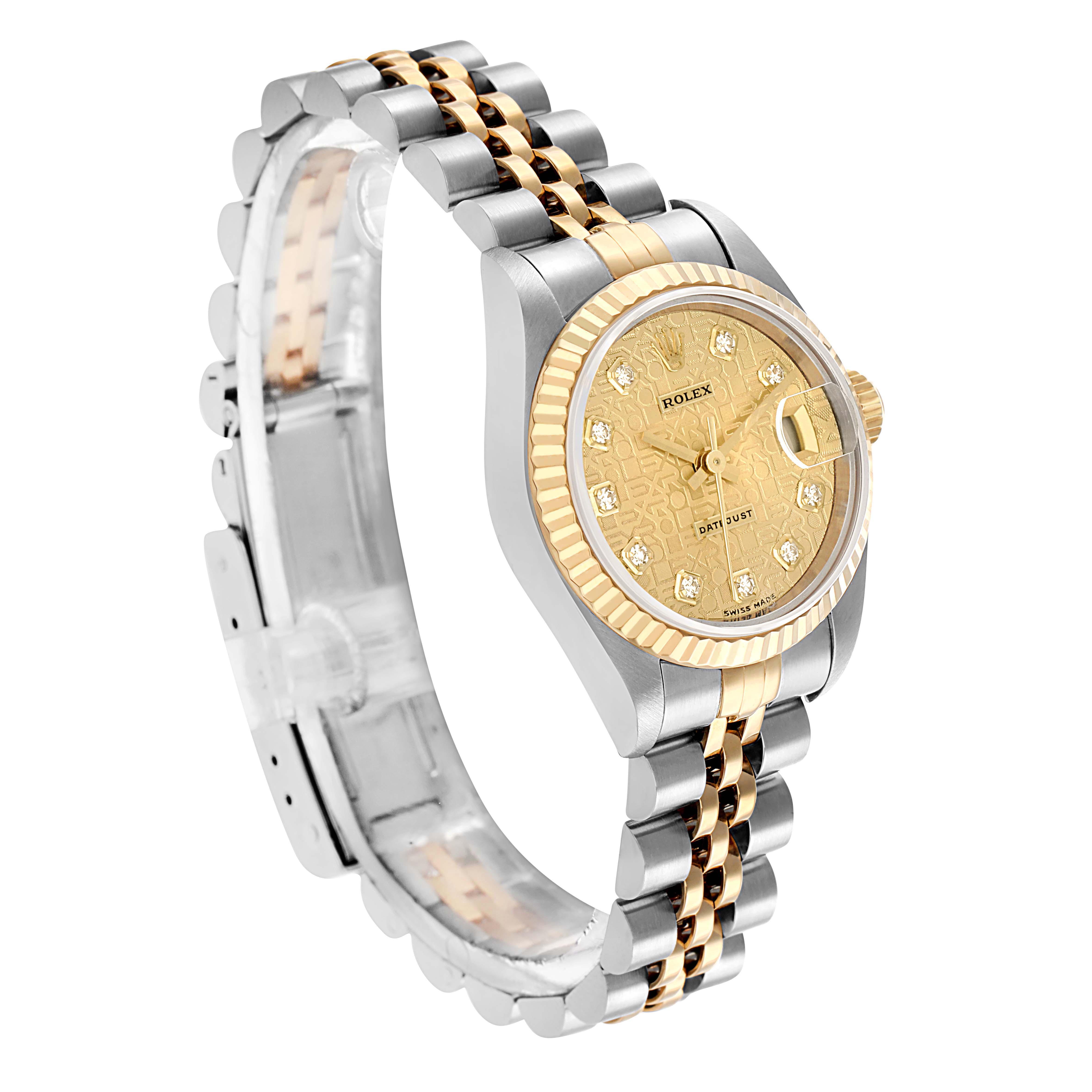 The Rolex Datejust 69173 Women's Steel and Gold (two tone) Champagne Dial watch is shown at a three-quarter angle, highlighting the dial, bezel, and two-tone bracelet.