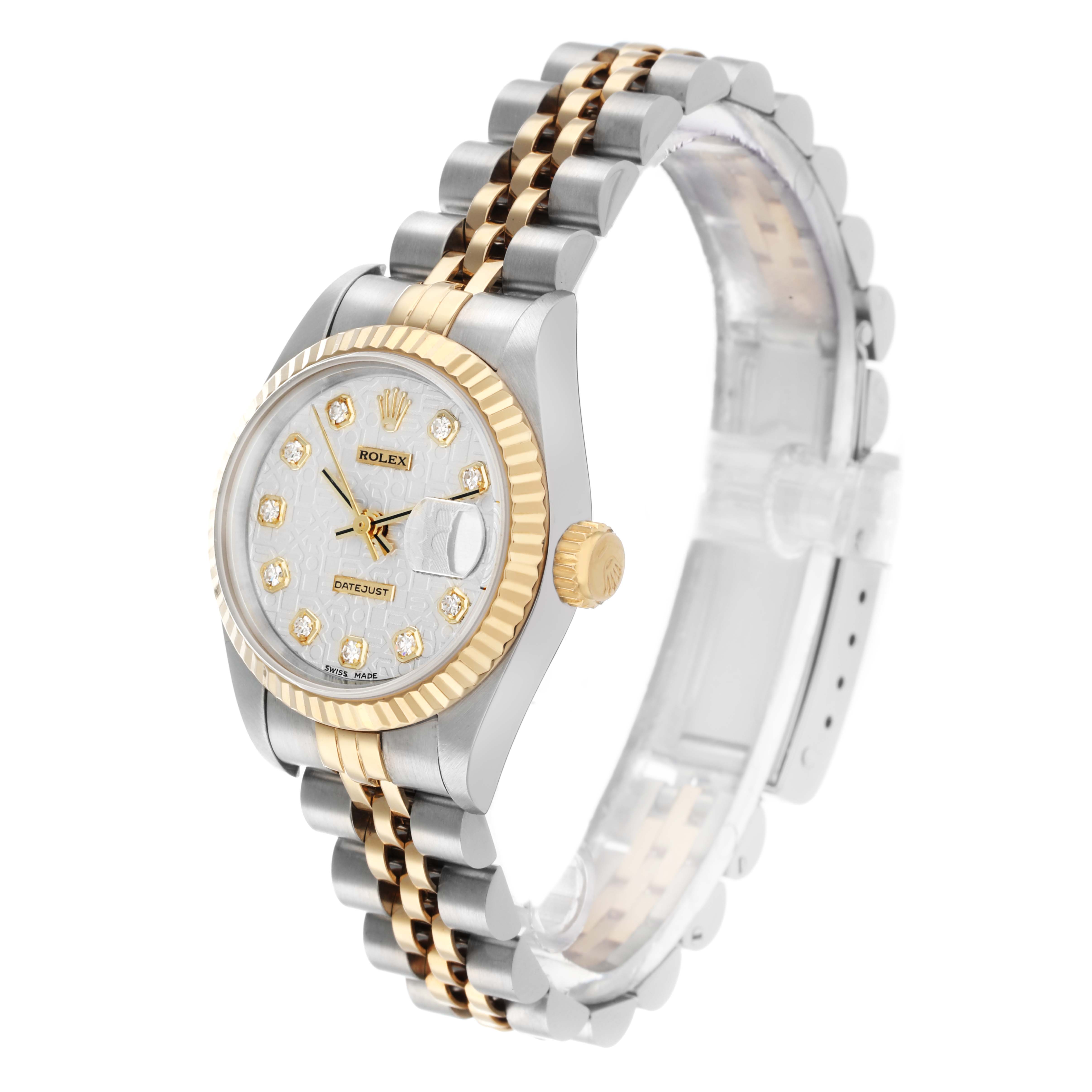 The Rolex Datejust 69173 Women's Steel and Gold (two tone) Silver Dial watch is shown at a side angle, highlighting the watch face, bezel, crown, and bi-metal bracelet.