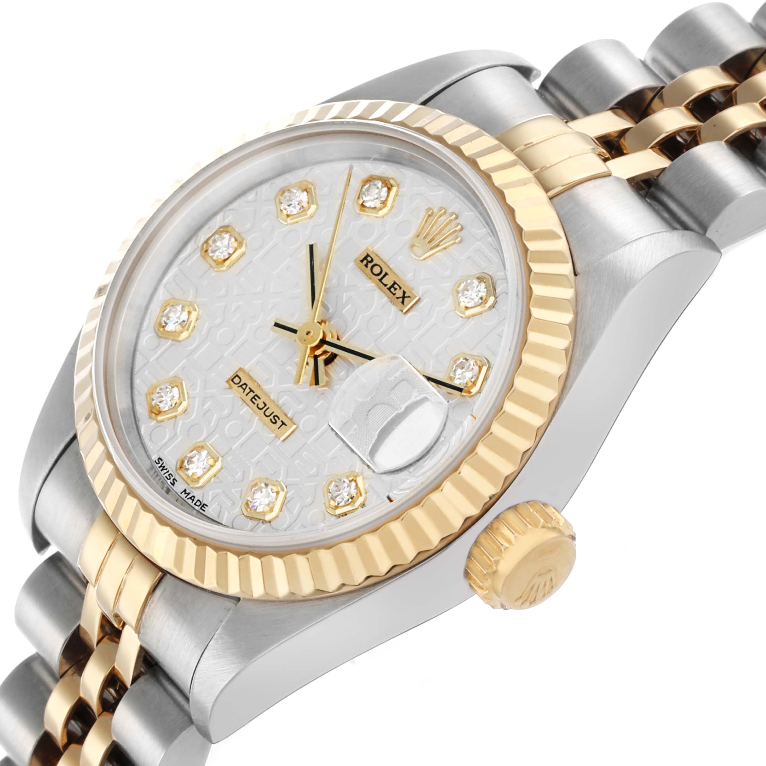 The Rolex Datejust 69173 Women's Steel and Gold (two tone) Silver Dial watch is shown at a slight angle, highlighting the face, bezel, bracelet, and crown.