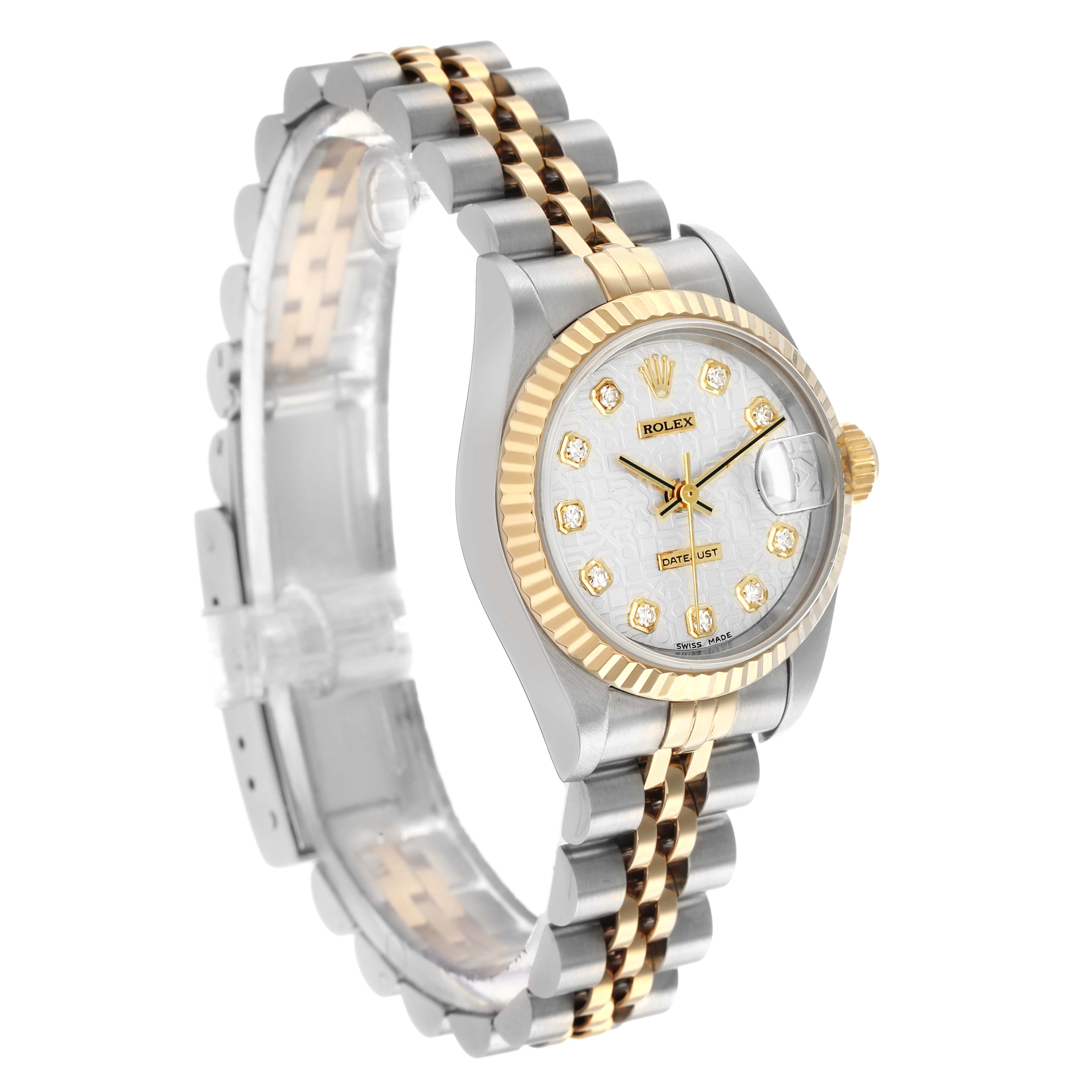The Rolex Datejust 69173 Women's Steel and Gold (two tone) Silver Dial watch is shown at a three-quarter angle, highlighting the dial, bezel, and bracelet.
