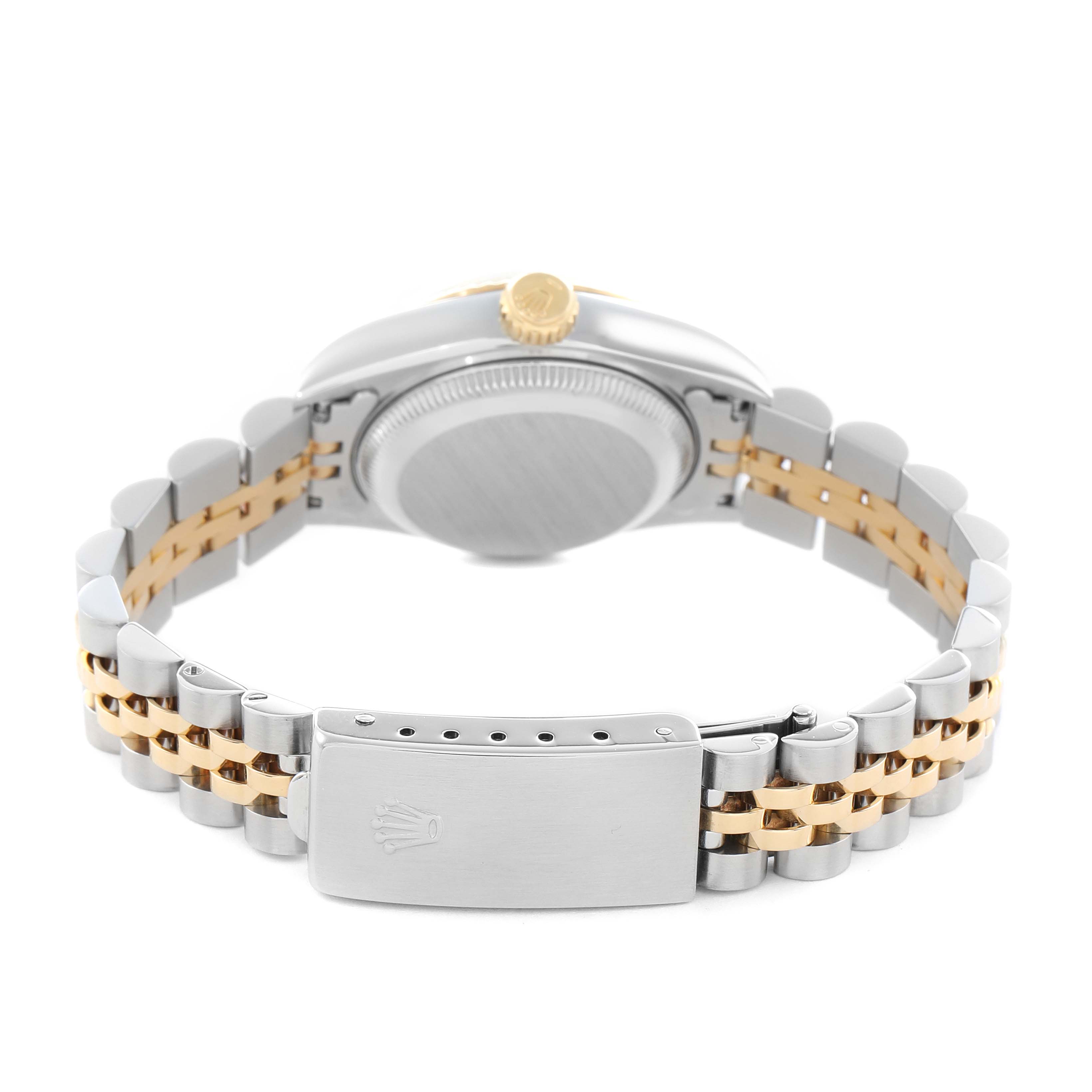The image shows the back view of the Rolex Datejust 69173 Women's Steel and Gold (two tone) Silver Dial, highlighting its case back, crown, and two-tone bracelet with clasp.