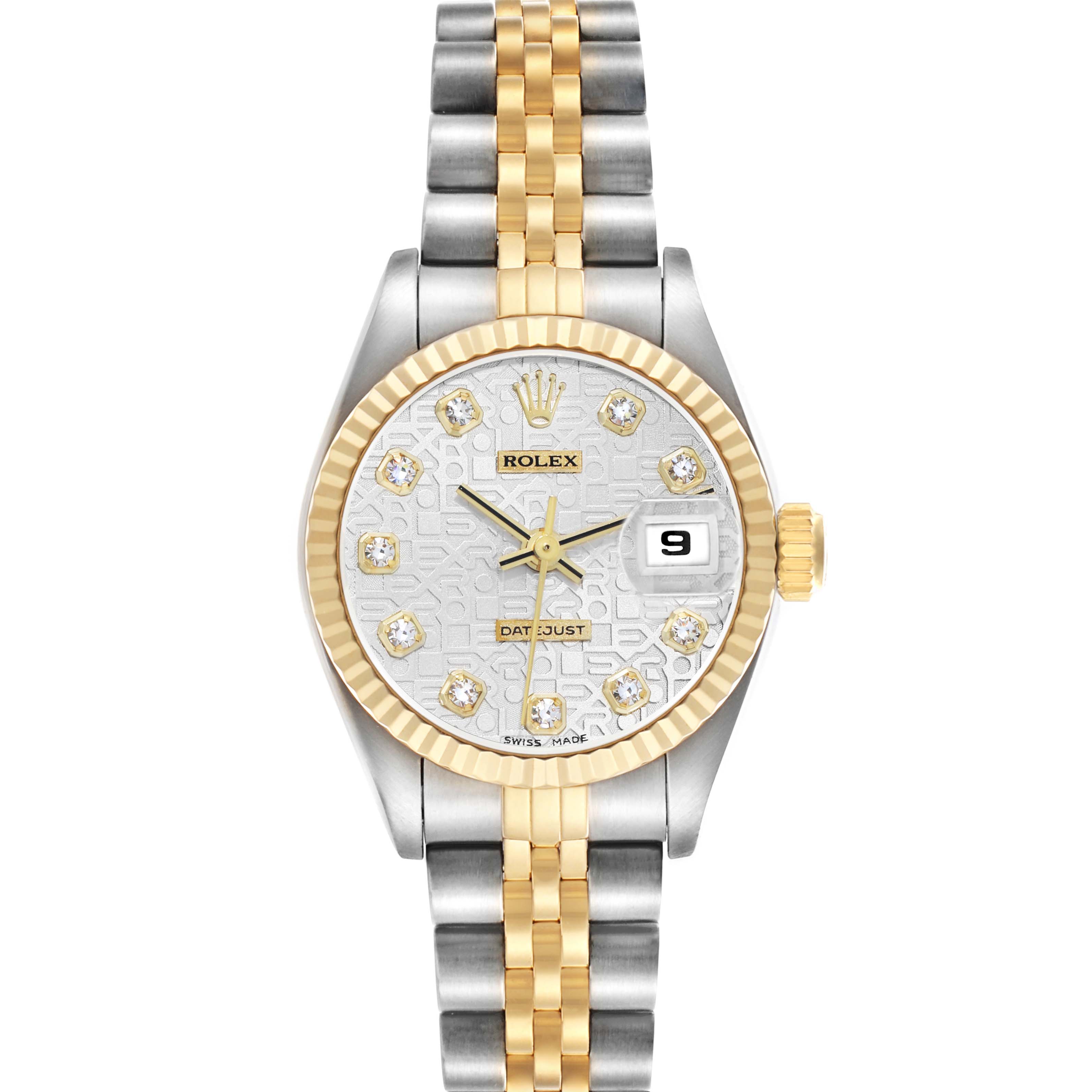 The Rolex Datejust 69173 Women's Steel and Gold (two tone) Silver Dial watch is shown from the front, displaying the dial, bezel, and two-tone bracelet.