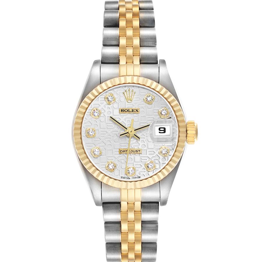 The Rolex Datejust 69173 Women's Steel and Gold (two tone) Silver Dial watch is shown from the front, displaying the dial, bezel, and two-tone bracelet.