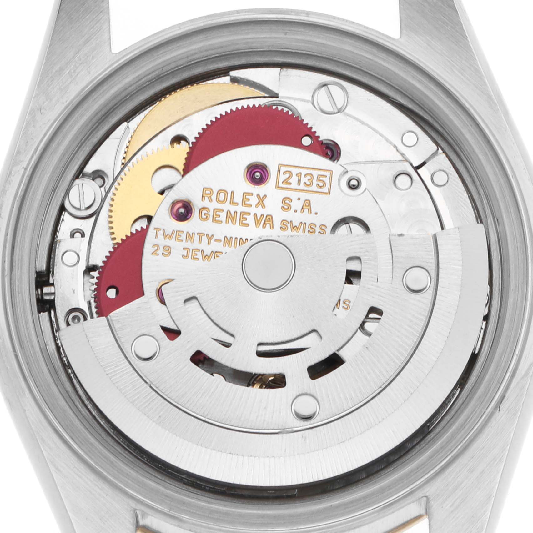 The image shows the back view of a Rolex Datejust 69173 Women's Steel and Gold (two tone) Silver Dial, highlighting its intricate mechanical movement.