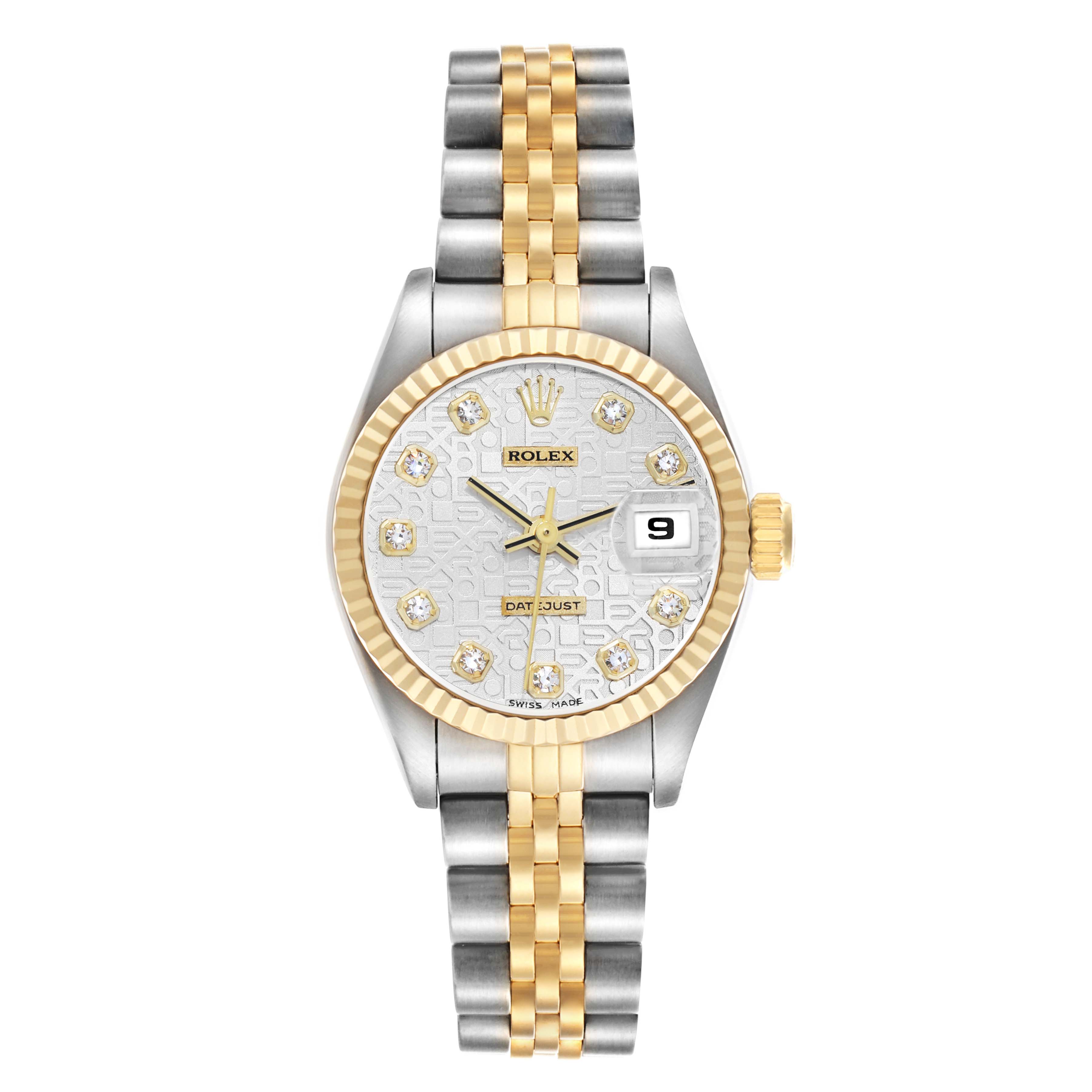 The Rolex Datejust 69173 Women's Steel and Gold (two tone) Silver Dial watch is shown from the front, displaying its dial, bezel, and bracelet.