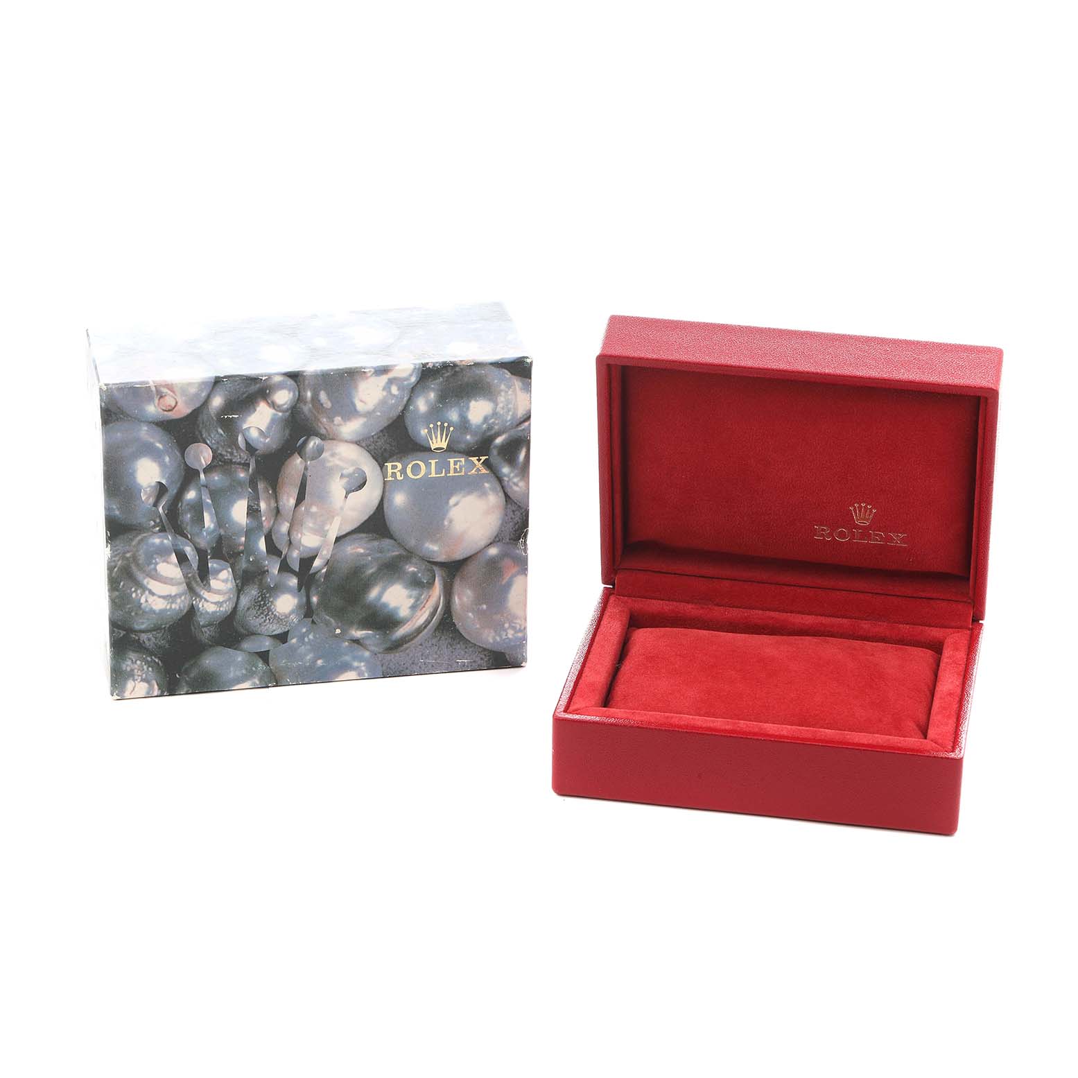 The image shows a Rolex Datejust 69173 Women's Steel and Gold (two tone) Silver Dial watch box and outer case, angled to display the open red interior and patterned exterior.