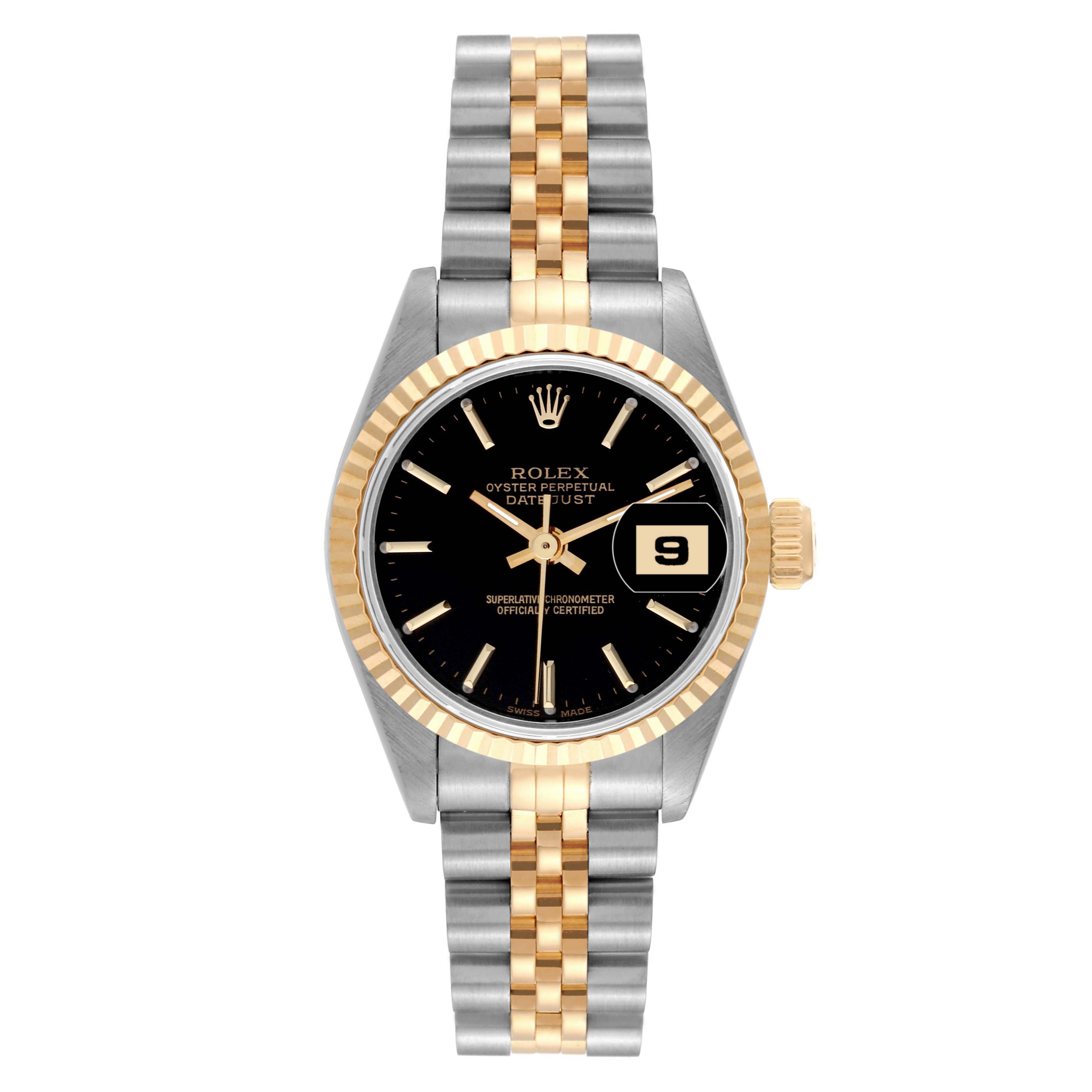 The image shows a front view of a Rolex Datejust 69173 Women's Steel and Gold (two tone) Black Dial 69173 Women's Steel and Gold (two tone) Black Dial watch featuring a black dial, two-tone bracelet, and the signature date window.