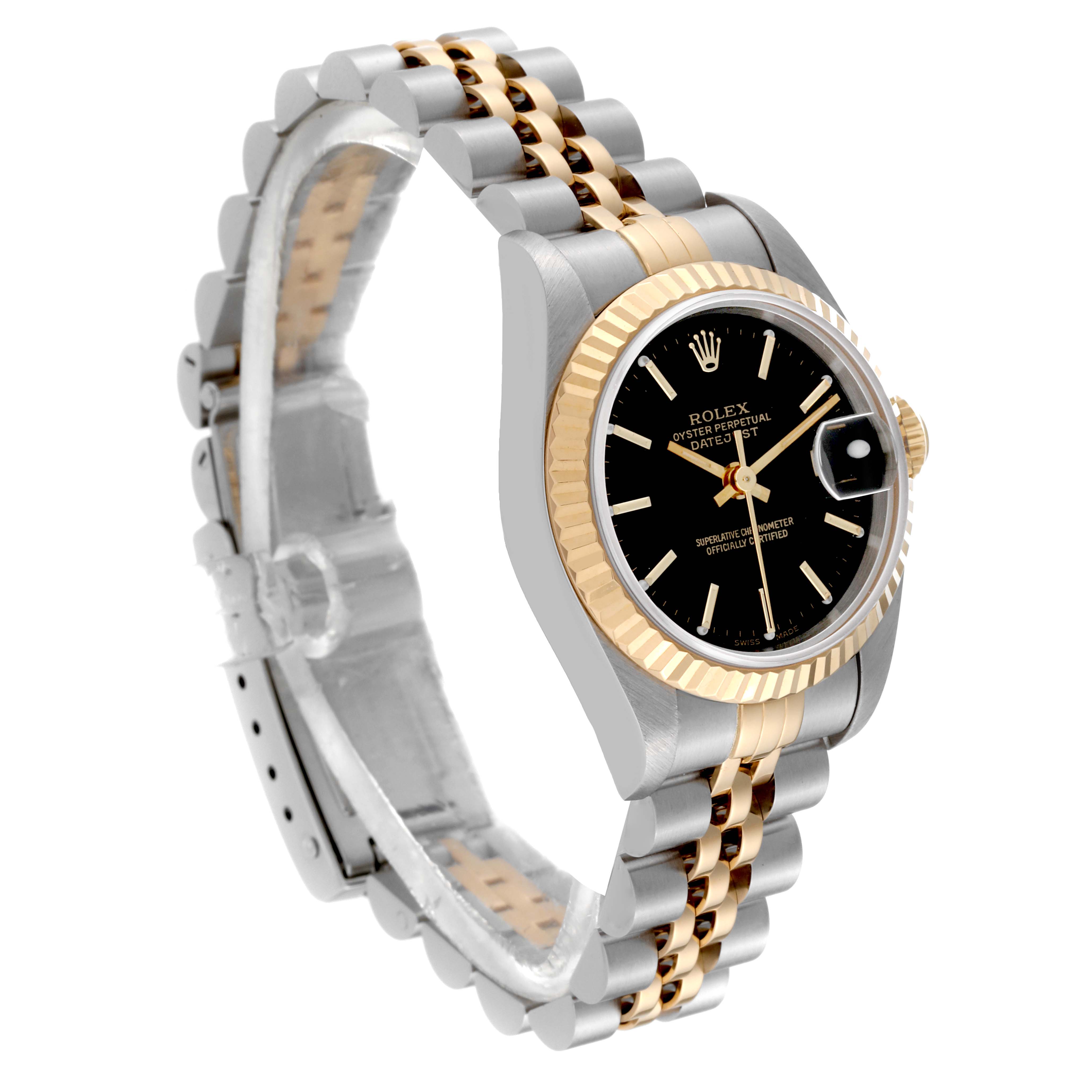 This Rolex Datejust 69173 Women's Steel and Gold (two tone) Black Dial 69173 Women's Steel and Gold (two tone) Black Dial watch is shown at a three-quarter angle, displaying the black dial, gold bezel, and two-tone bracelet.