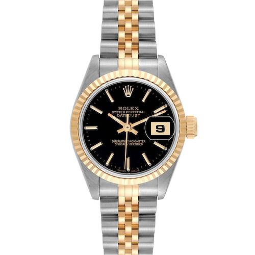 The image shows a front view of a Rolex Datejust watch, displaying the face, bezel, crown, and part of the bracelet.