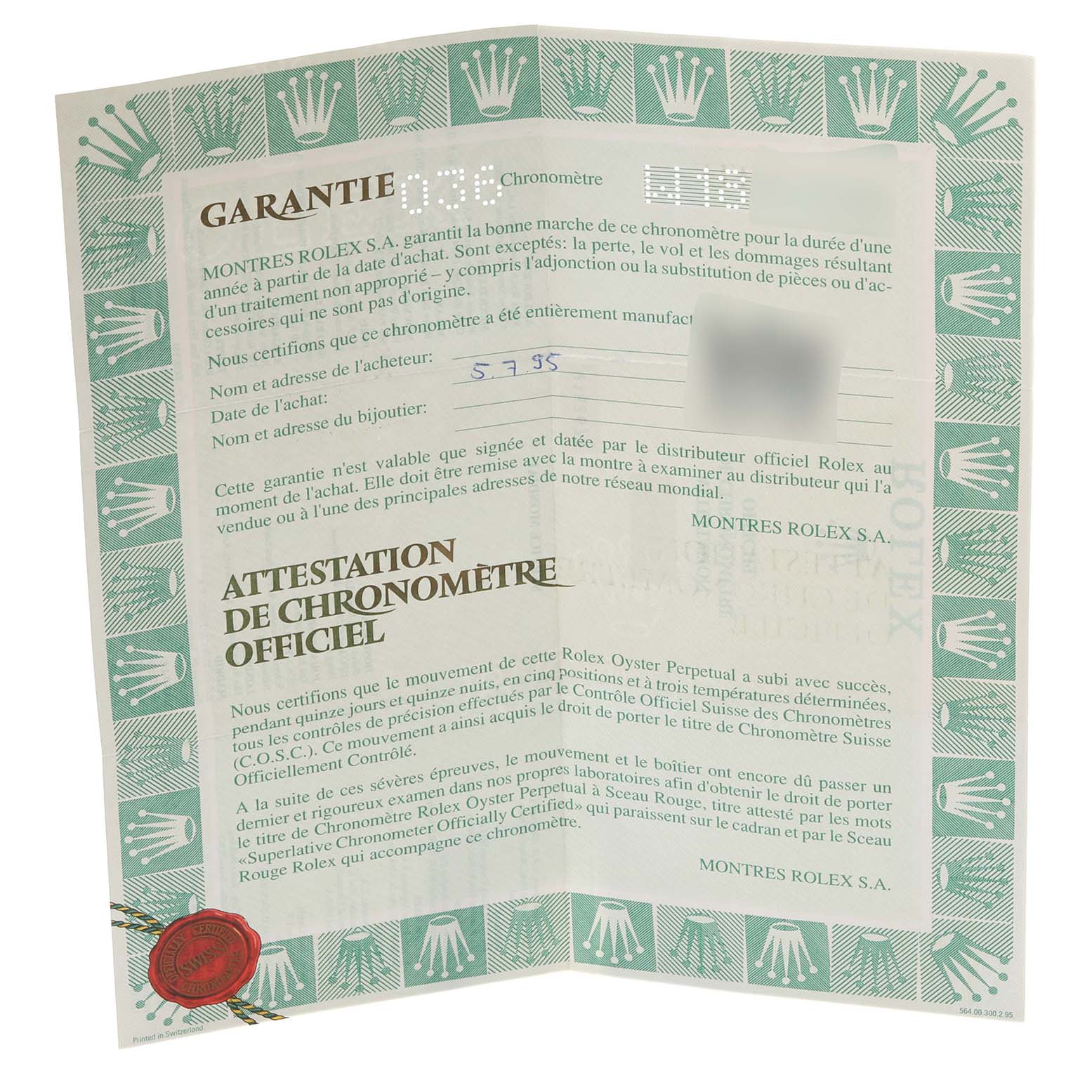 This image shows the guarantee and official chronometer certification document for a Rolex Datejust 69173 Women's Steel and Gold (two tone) Black Dial 69173 Women's Steel and Gold (two tone) Black Dial model.