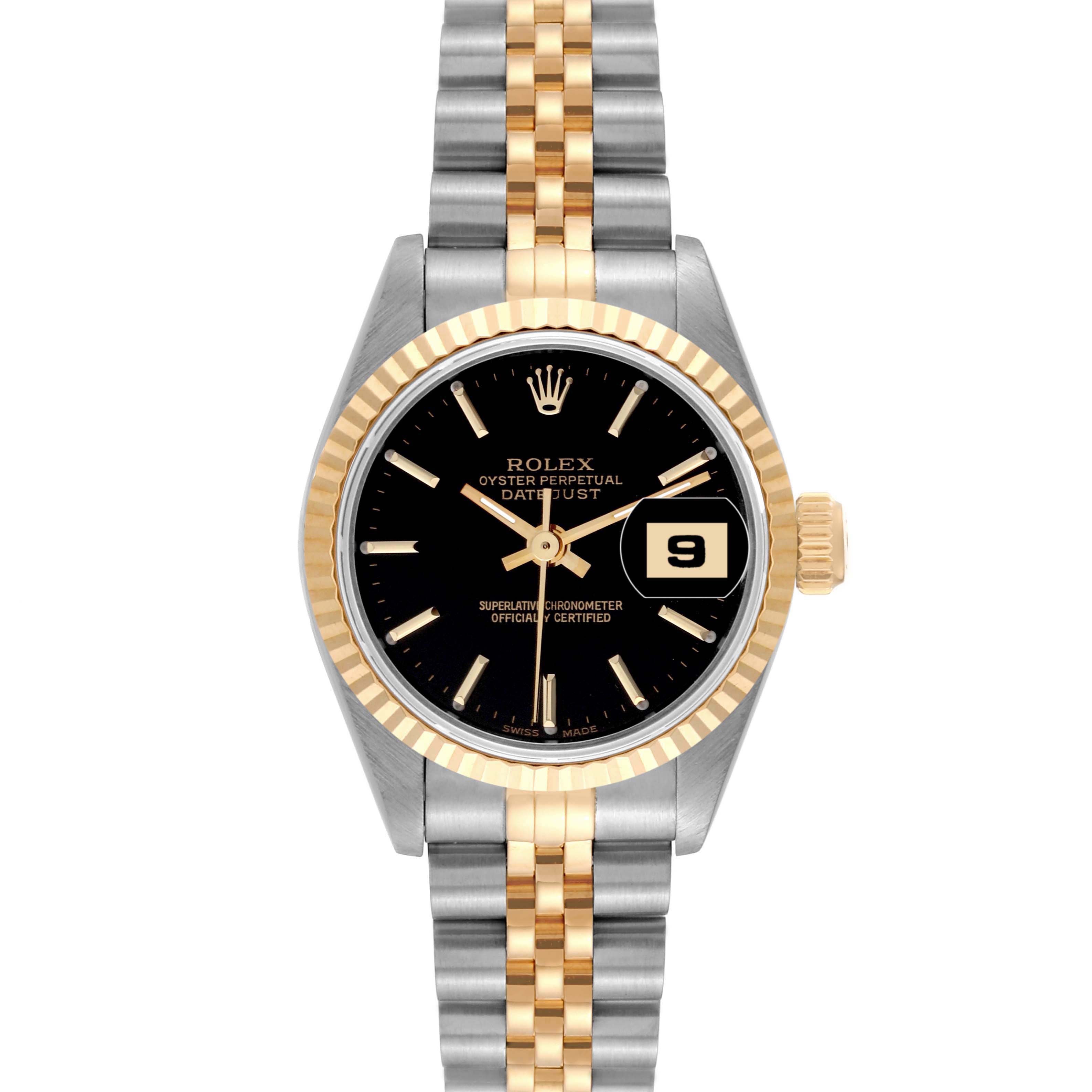 This image shows a front view of a Rolex Datejust 69173 Women's Steel and Gold (two tone) Black Dial 69173 Women's Steel and Gold (two tone) Black Dial watch, highlighting its two-tone bracelet, black dial, and fluted bezel.