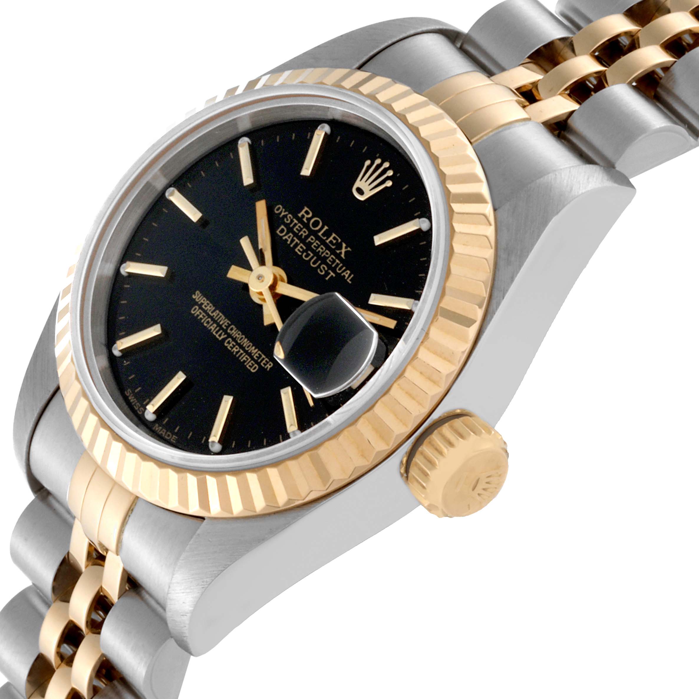 The image shows a close-up angled view of the Rolex Datejust 69173 Women's Steel and Gold (two tone) Black Dial 69173 Women's Steel and Gold (two tone) Black Dial model displaying the dial, bezel, crown, and part of the bracelet.