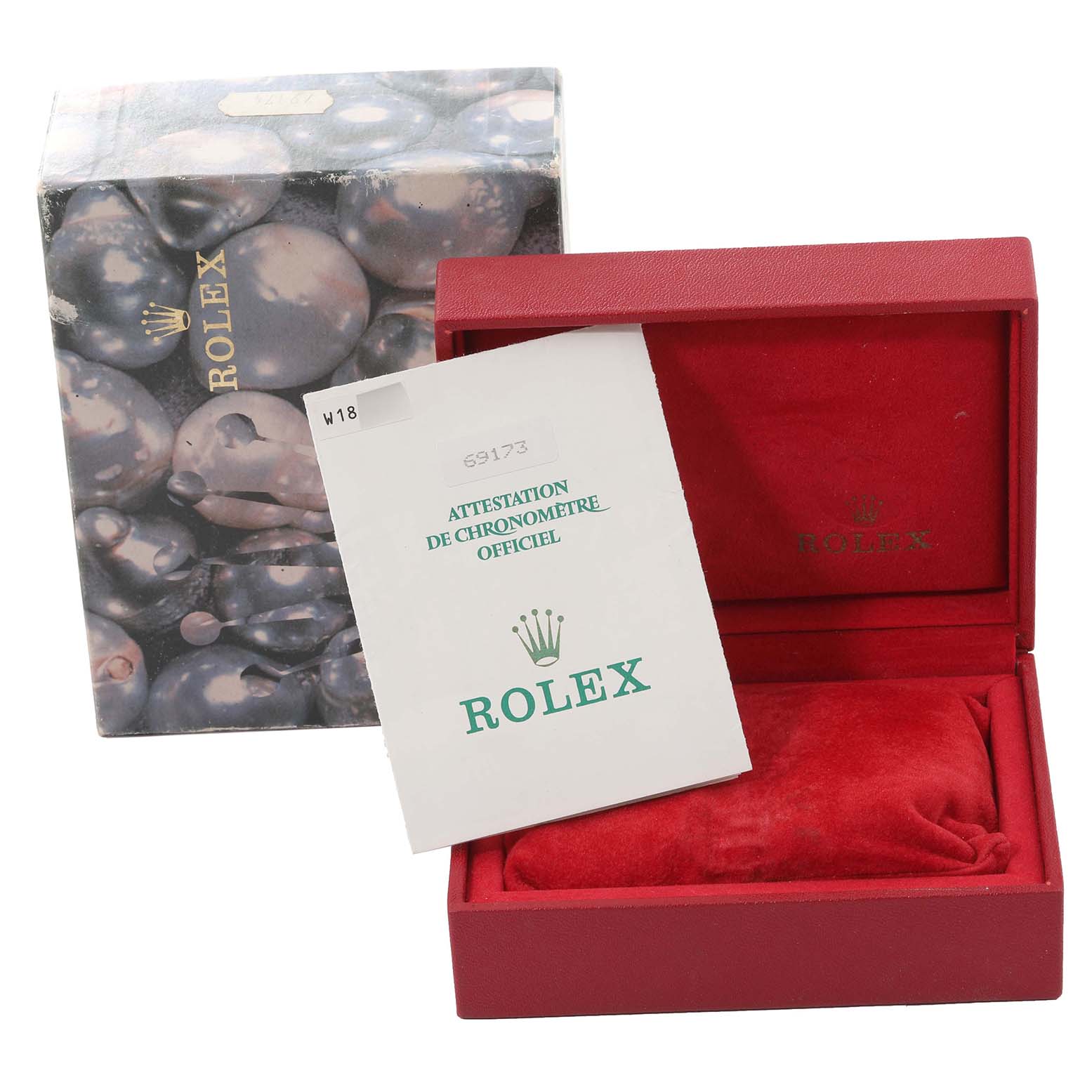 The image shows the packaging, box, and certificate of authenticity for the Rolex Datejust 69173 Women's Steel and Gold (two tone) Black Dial 69173 Women's Steel and Gold (two tone) Black Dial model.