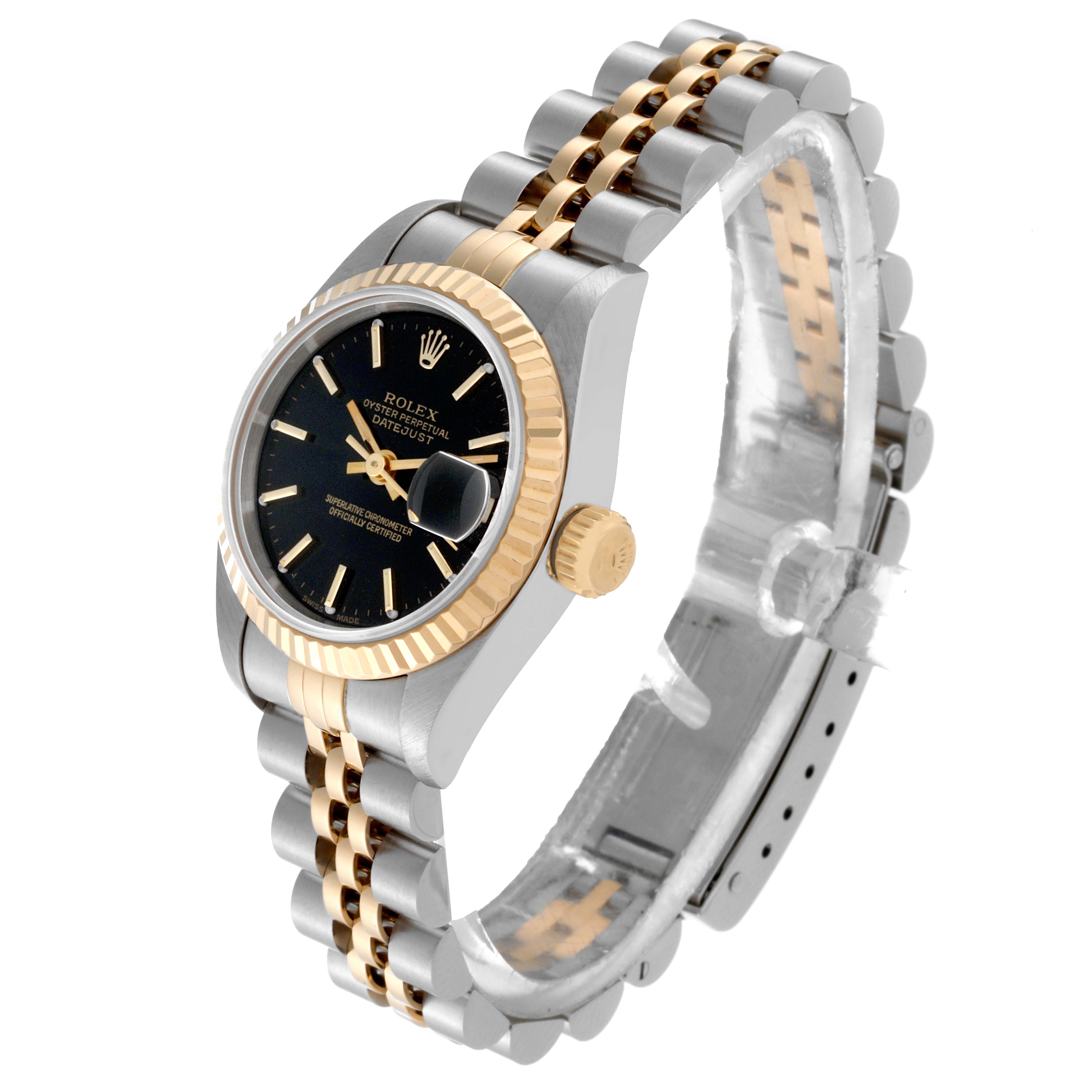 This Rolex Datejust 69173 Women's Steel and Gold (two tone) Black Dial 69173 Women's Steel and Gold (two tone) Black Dial watch is shown from a side angle highlighting the black dial, fluted bezel, and two-tone bracelet.