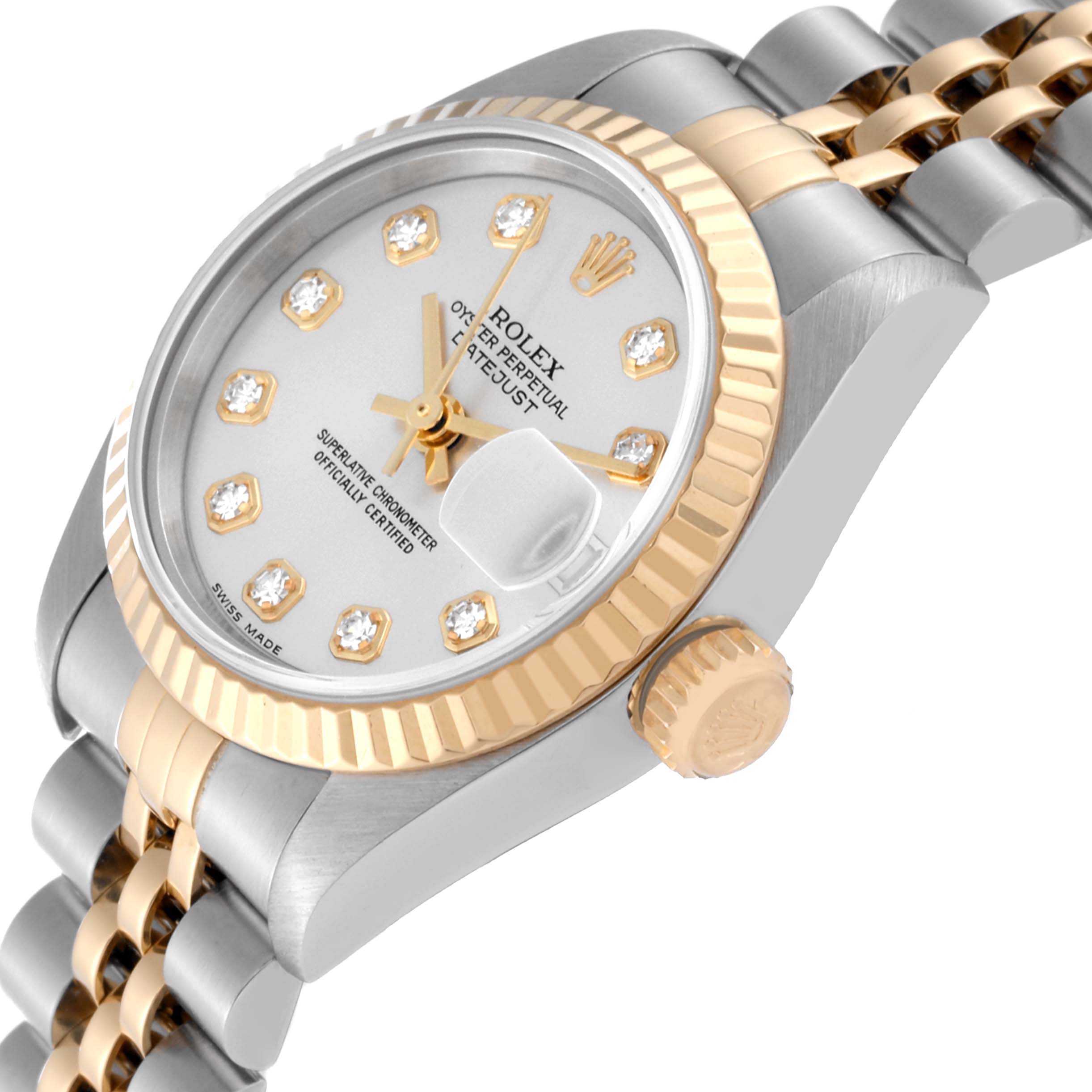 The image displays a side angle of the Rolex Datejust 79173 Women's Steel and Gold (two tone) Silver Dial 79173 Women's Steel and Gold (two tone) Silver Dial watch, showcasing the dial, crown, and portion of the bracelet.