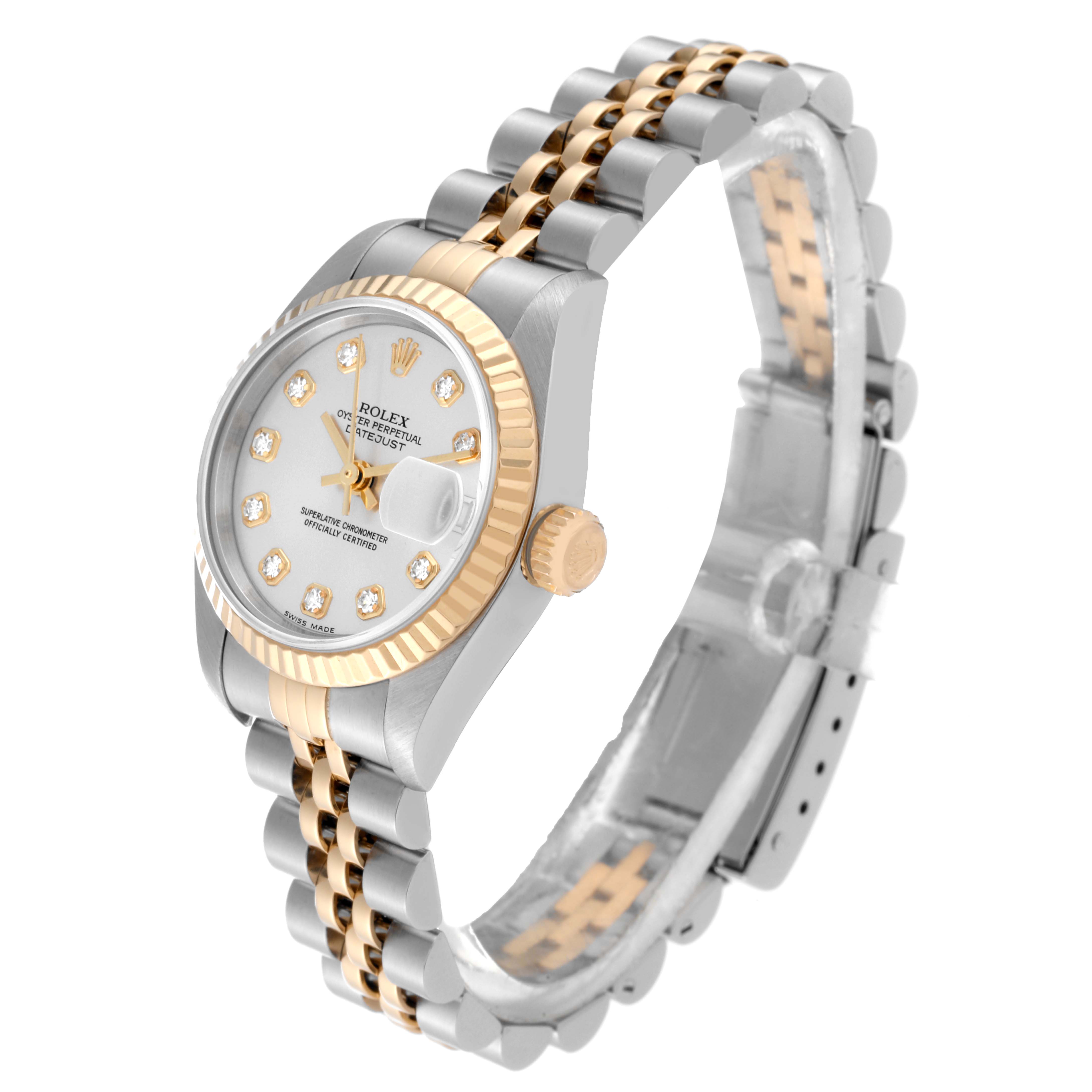 This is a side-angle view of a Rolex Datejust 79173 Women's Steel and Gold (two tone) Silver Dial 79173 Women's Steel and Gold (two tone) Silver Dial watch, displaying its two-tone bracelet, crown, and bejeweled dial.