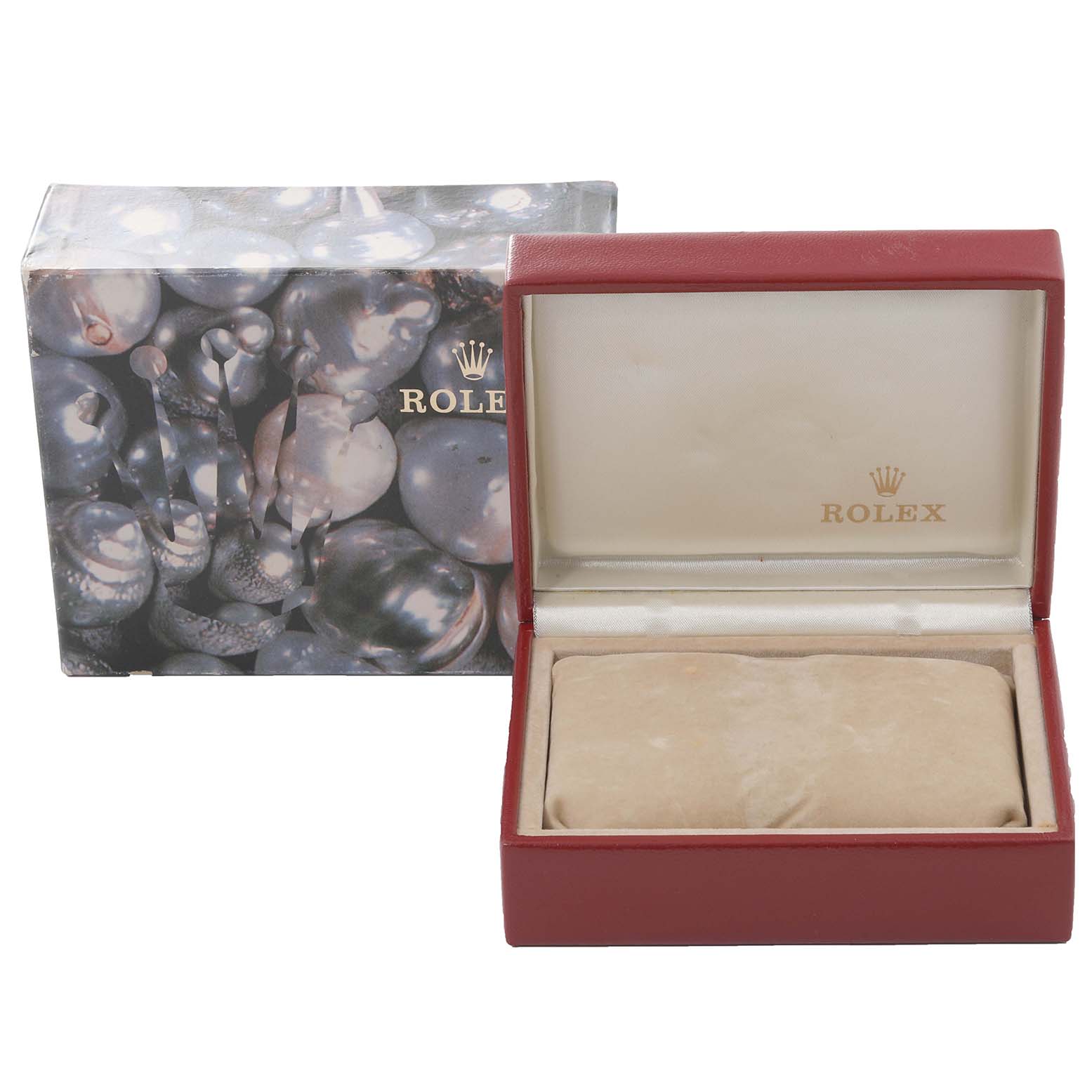 The image shows the Rolex Datejust 79173 Women's Steel and Gold (two tone) Silver Dial 79173 Women's Steel and Gold (two tone) Silver Dial watch's red and beige case with an outer decorative box featuring the Rolex crown logo.