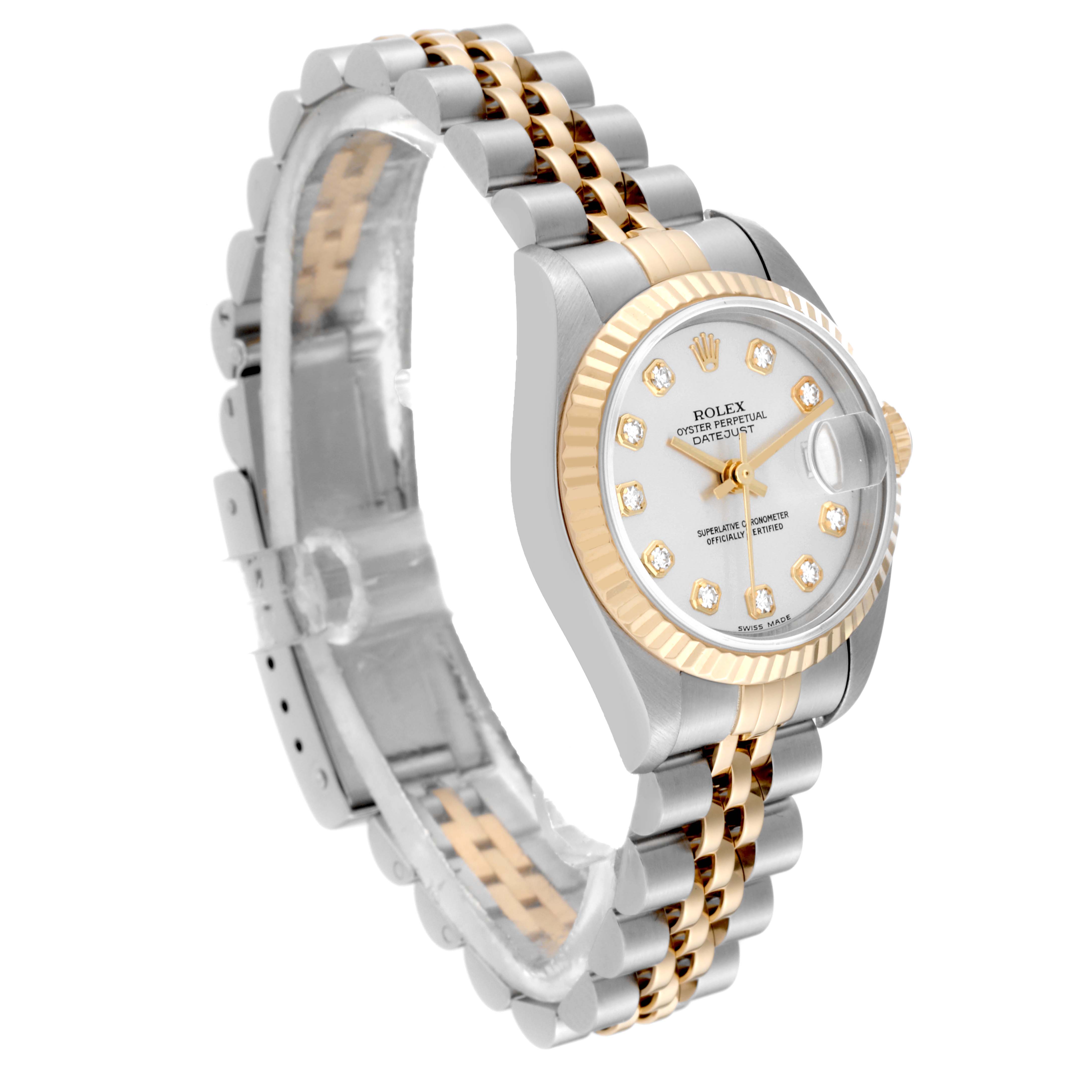 This image of the Rolex Datejust 79173 Women's Steel and Gold (two tone) Silver Dial 79173 Women's Steel and Gold (two tone) Silver Dial model shows a close-up view at a slight angle highlighting the face, bezel, crown, and bracelet.