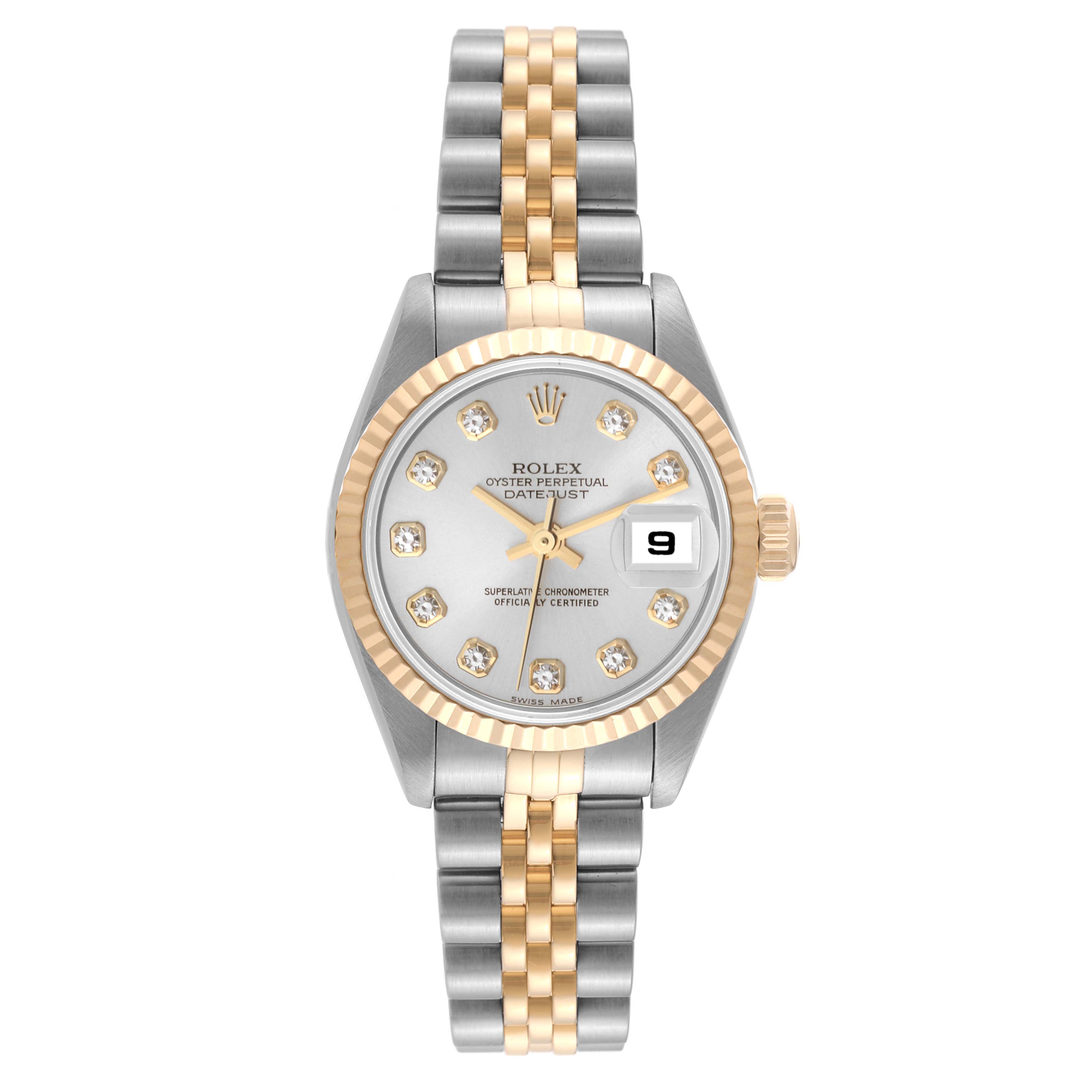 The image shows a front view of a Rolex Datejust 79173 Women's Steel and Gold (two tone) Silver Dial 79173 Women's Steel and Gold (two tone) Silver Dial watch with a two-tone bracelet and a diamond hour marker dial.