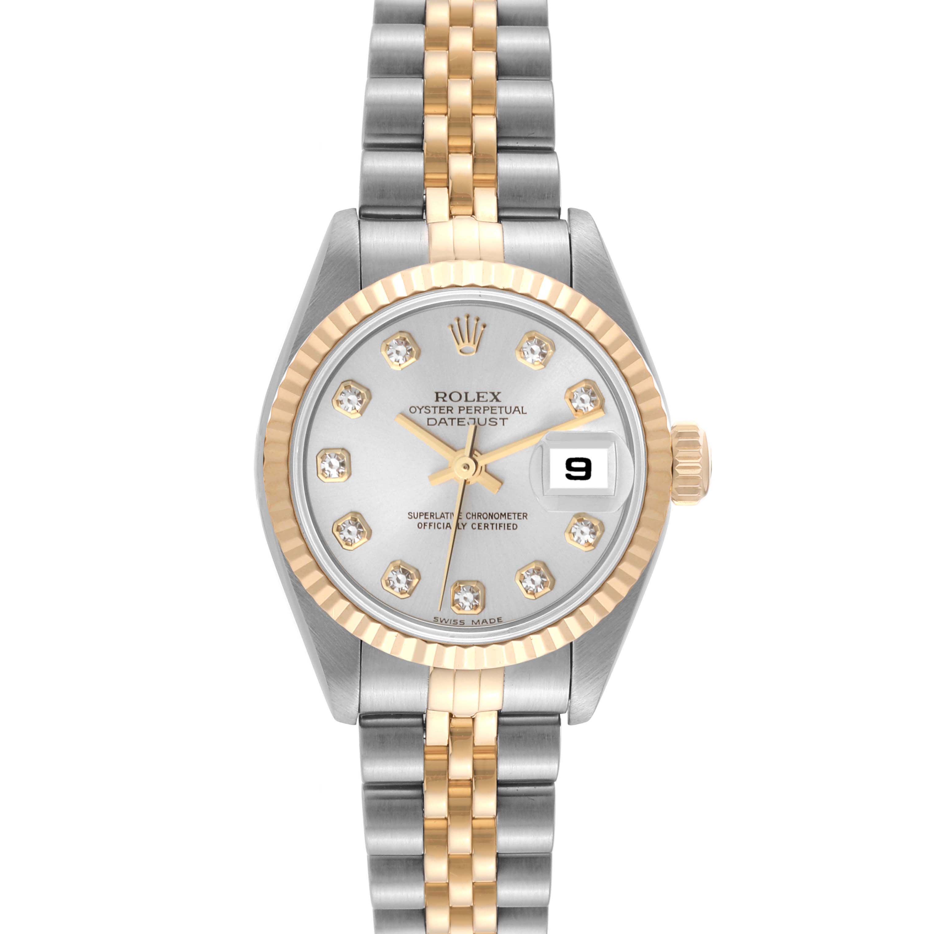 The Rolex Datejust 79173 Women's Steel and Gold (two tone) Silver Dial 79173 Women's Steel and Gold (two tone) Silver Dial watch is shown from the front, displaying the face, bezel, crown, and part of the bracelet.