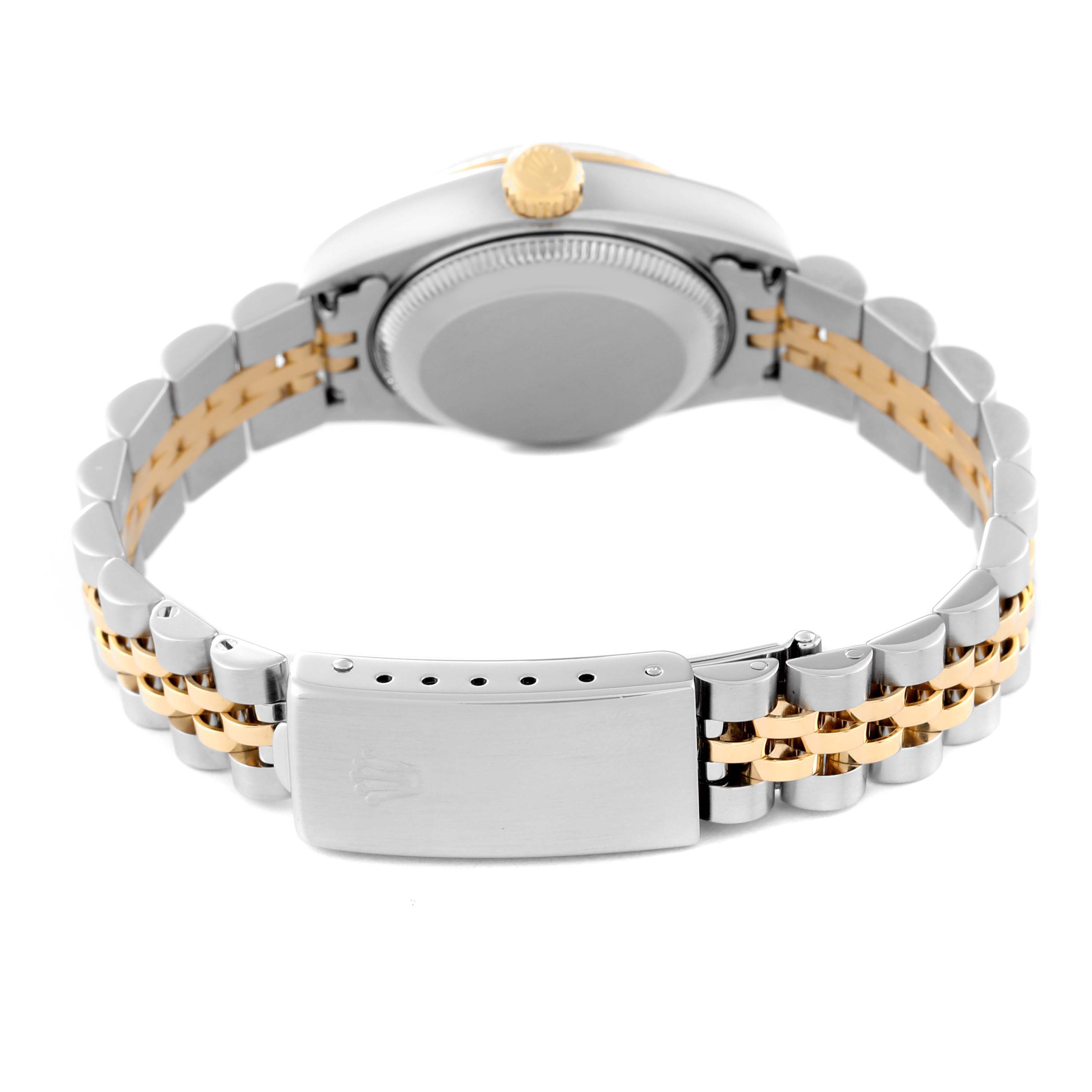 The image shows the back of a Rolex Datejust 79173 Women's Steel and Gold (two tone) Silver Dial 79173 Women's Steel and Gold (two tone) Silver Dial watch, highlighting the case, crown, and two-tone Jubilee bracelet with the clasp.