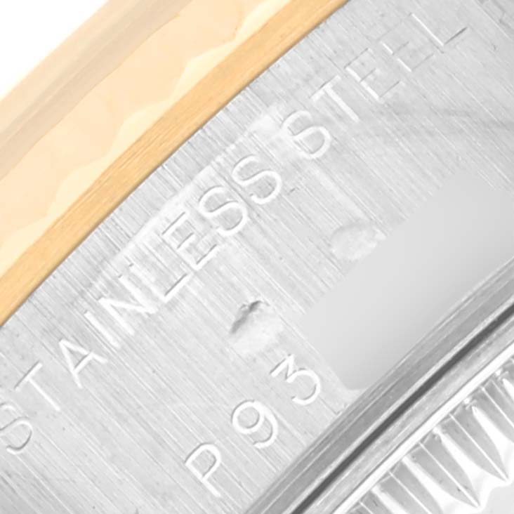 This is a close-up angle showing the serial number area and part of the bezel on a Rolex Datejust 79173 Women's Steel and Gold (two tone) Silver Dial 79173 Women's Steel and Gold (two tone) Silver Dial watch.