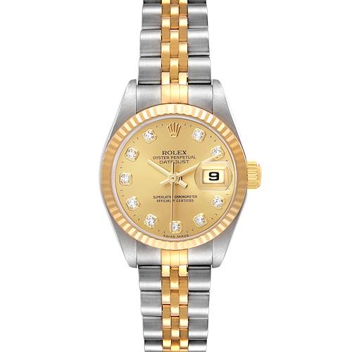 The Rolex Datejust 79173 Women's Steel and Gold (two tone) Champagne Dial watch is shown from a top-down angle, highlighting its gold and silver bracelet, gold dial, and date window.