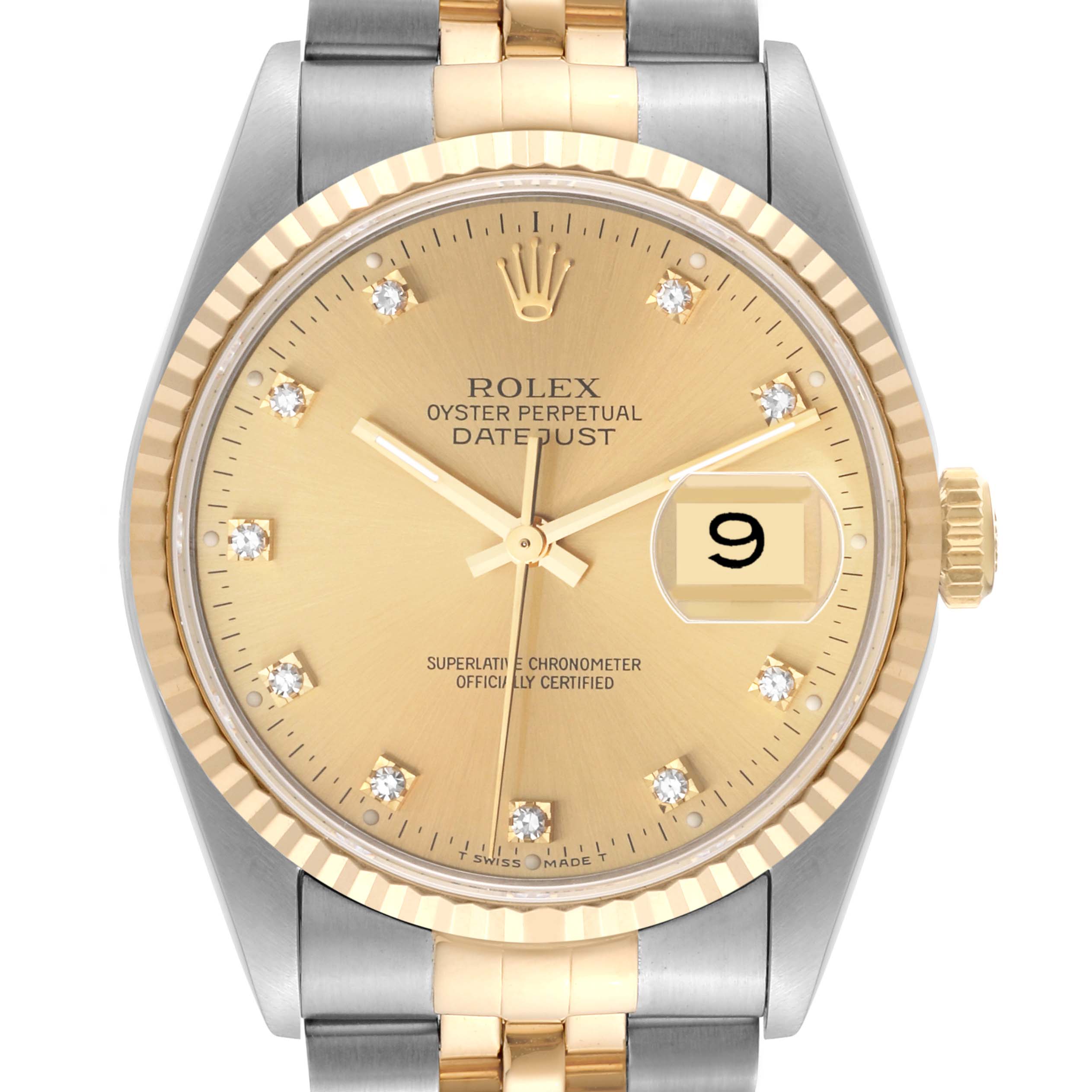 The image shows a front view of a Rolex Datejust 16233 Men's Steel and Gold (two tone) Champagne Dial 16233 Men's Steel and Gold (two tone) Champagne Dial, featuring a gold and silver two-tone bracelet and a gold dial with a date display.